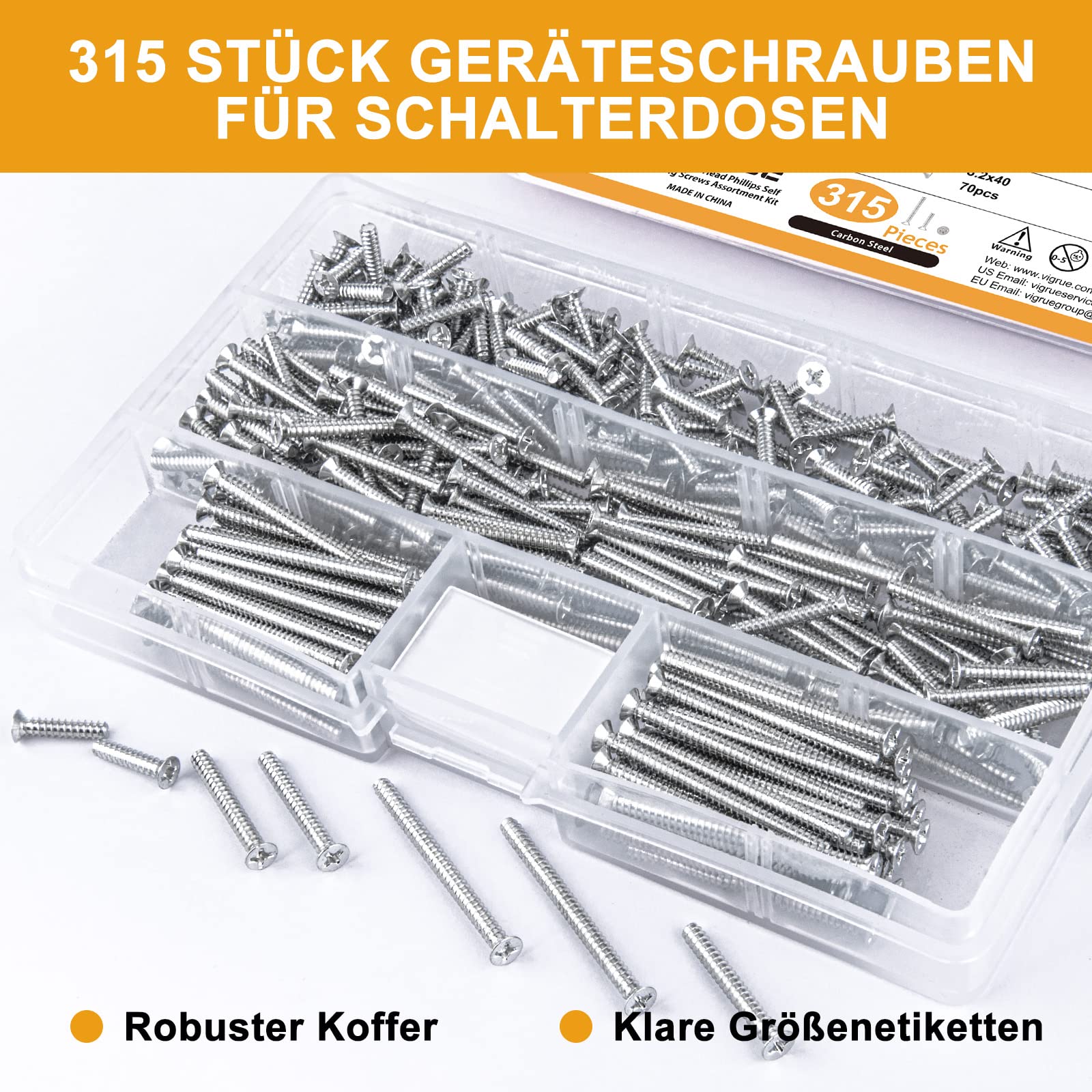 VIGRUE 315 tornillos para cajas de interruptor, caja surtida, diámetro de 3,2 x 15 mm, 3,2 x 25 mm, 3,2 x 40 mm, tornillos avellanados de acero galvanizado con cruz, para reparación de enchufes
