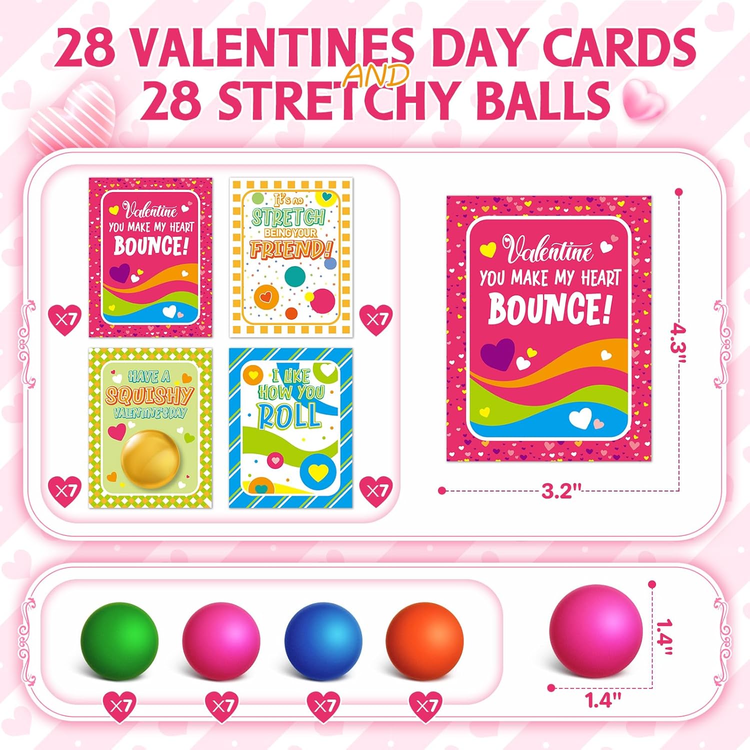 Shemira 28 Packs Valentines Day Cards for Kids with Stretchy Ball Set, Stretchy Balls Sensory Squeeze Toys Fidget Toys for Kids Classroom Exchange Prizes, Valentine Party Favor for Kids