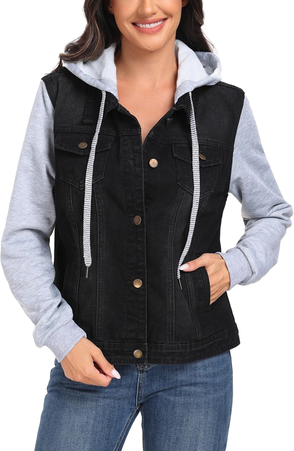 J.Corrine Women's Classic Casual Hooded Denim Jacket Drawstring Vintage Washed Jean Jacket Sweatshirt with Pockets - Image 5