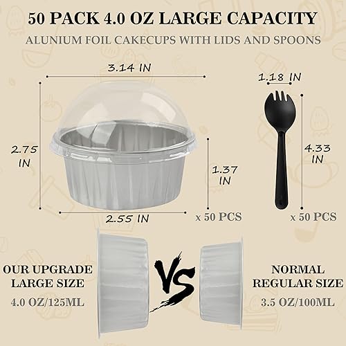 Miniatura 2 de BAKINGPAK Ramequines desechables con tapas, 50 moldes de aluminio de 4 onzas con tapas, mini moldes para pasteles con tapas, tazas de papel de