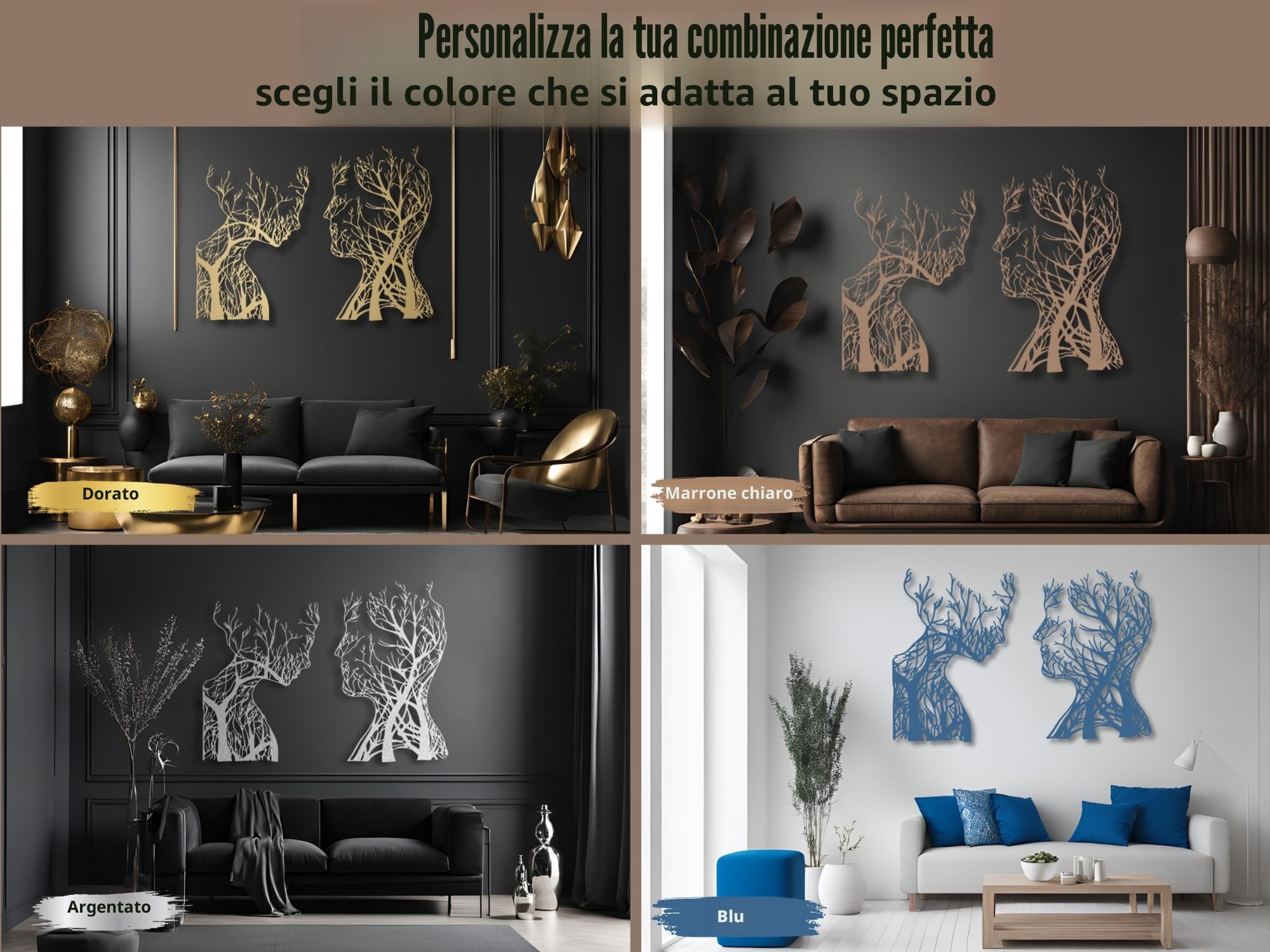 VAILLA ® Quadro moderno soggiorno, Decorazione 3D Murali in legno, Quadretti da parete in nero e oro, Decorazioni moderni muro per salotto, camera da letto, Corridoio, casa (Teste 1)