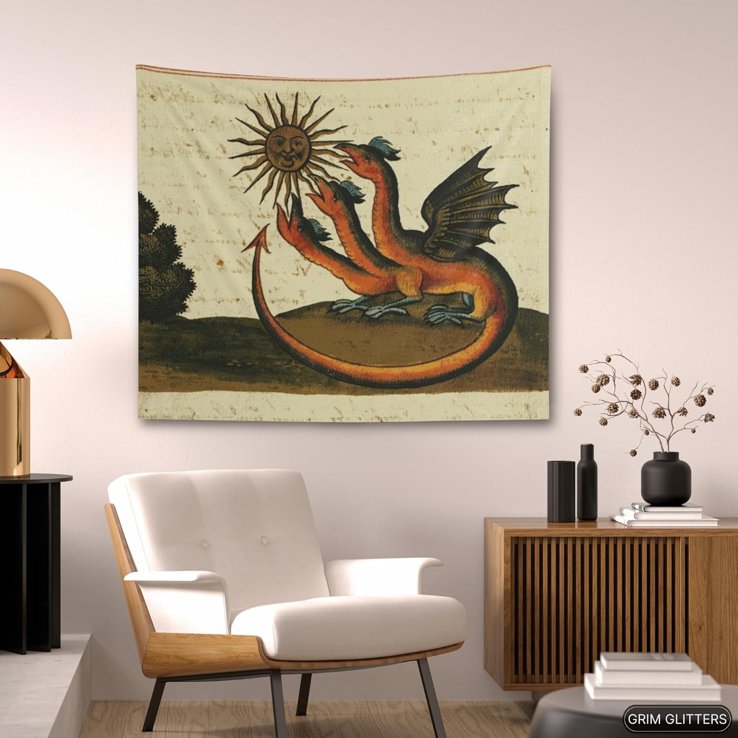 Three-Headed Dragon Tapestry - Clavis Artis Manuscript - Alchemical Symbol - Medieval Home Decor - Esoteric Wall Art