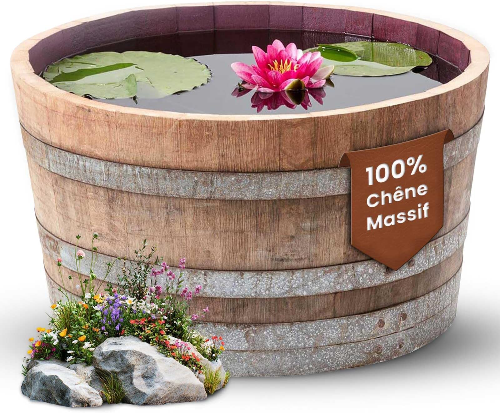 Half Wine Barrel Oak Transformed into Mini Flower Pot or Mini Pond Diameter 70 cm Oak Barrel, Wine Barrel, Pot, Tray, Wooden Planter for the Garden