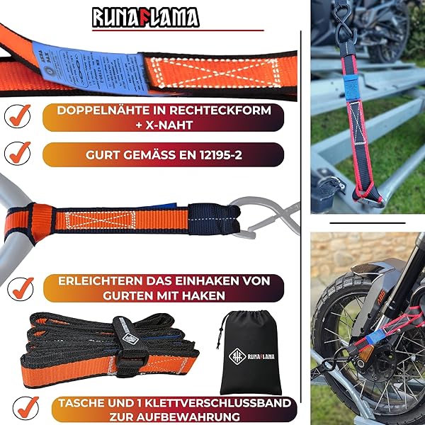 RUNAFLAMA® Motorrad Spanngurte 4er Set [2400 kg Bruchlast & EN 12195-2 geprüft] – Zurrschlaufen kurz für Lenker, Rahmen & Anhänger – Spanngurt Set inkl. Tasche & Klettband (Für sicheren Transport) - 5