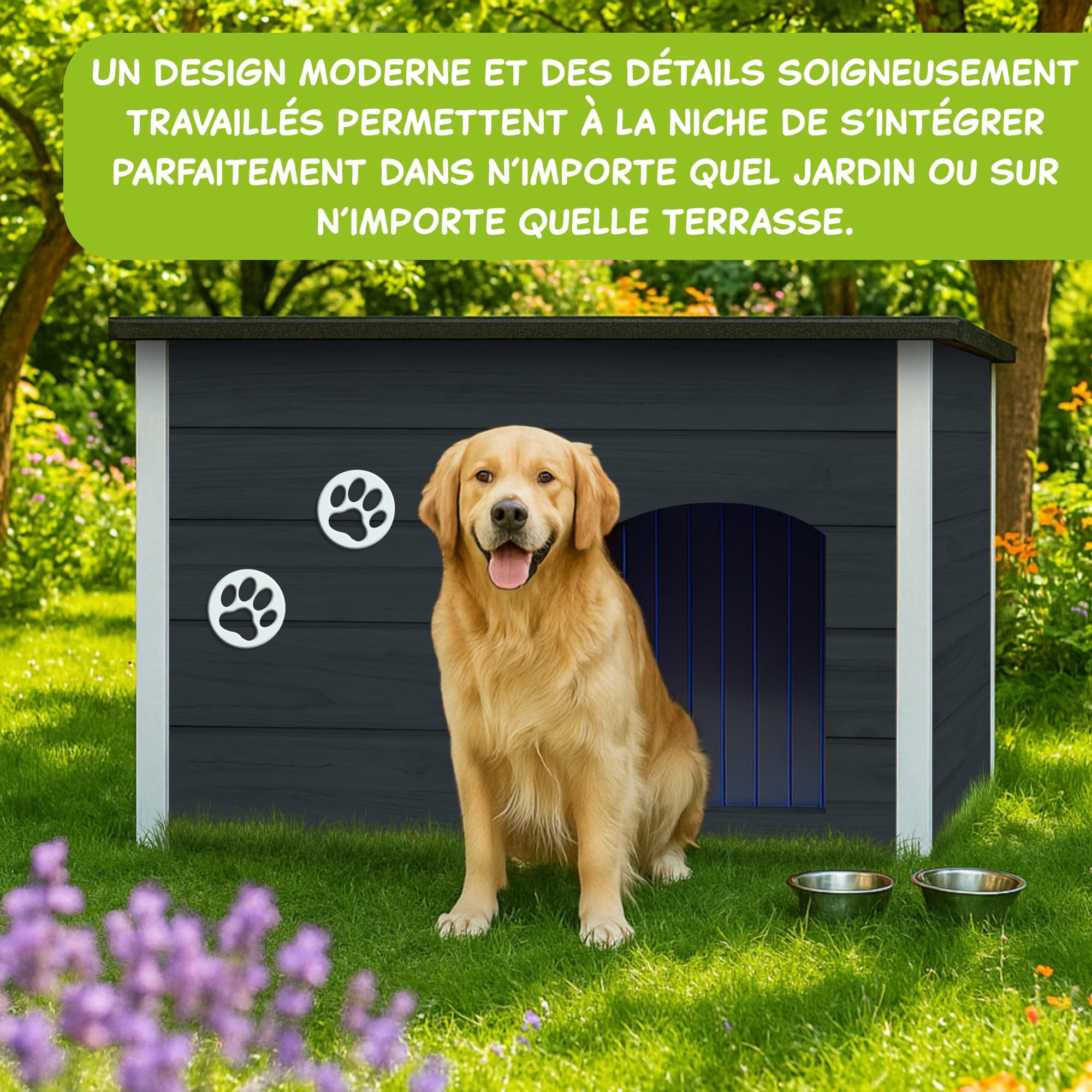 Outentin Niche pour Chien en Bois Isolée XL – Grande Maison Chien Extérieur Hiver – Refuge pour Chiens Jardin avec Toit Ouvrant – Niche Extérieure pour Grand Chiens en Bois FSC – 105 x 71 x 64 cm,Gris