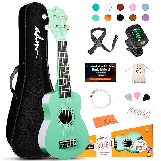 ADM Ukulele for Beginners Hawaiian Wood Ukelele Kit for Kids Adult Student Starter Professional Ukalelee Pack Bundle with Free Lessons Gig Bag Strap Nylon String Tuner (Cyan Green, 21 Inch)