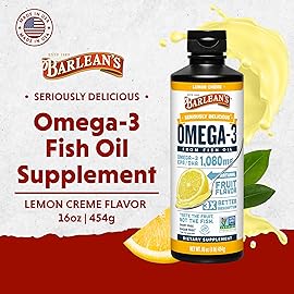 Barlean\'s Omega 3 Fish Oil Liquid Supplement for Men and Women, 1080mg of EPA and DHA Fatty Acid, Promotes Brain & Heart Health - Non-GMO, Lemon Crme, 16 oz
