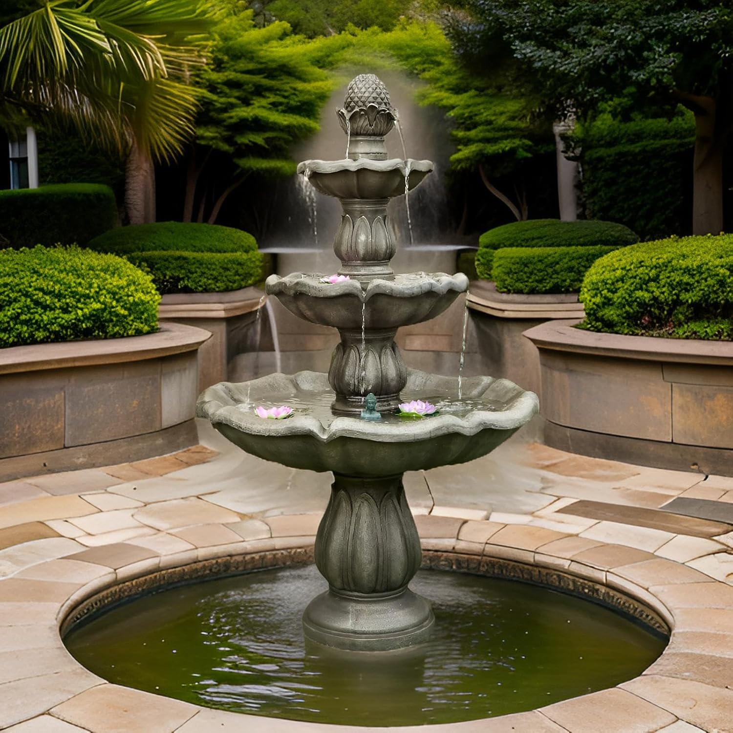 63 Inch Electric Fountain - Outdoor Crystal - 4 Tier Outdoor Fountain with Pineapple Top + Free Protective Cover & Natural Crystals (Style 1)(Style 1)