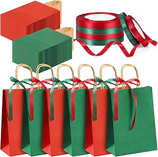200 Pcs Christmas Gift Paper Bags Red Green Paper Bags with Handles Holiday Gift Wrap Bags Shopping Bags Party Goody Bags and 6 Rolls Ribbon for Xmas Birthday Wedding Party Favors (6 x 3 x 8 Inch)