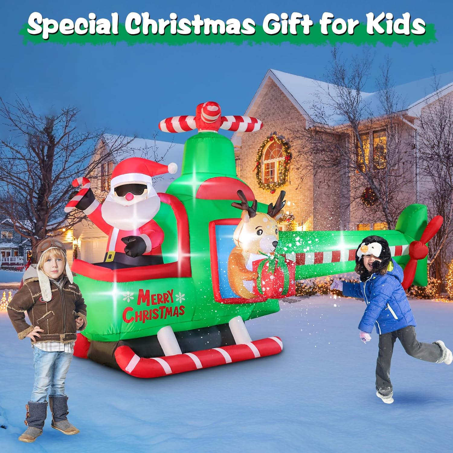 8.5 FT Long Christmas Inflatable Airplane Outdoor Decorations, Blow Up Santa Claus Helicopter with LED Lights, Christmas Santa and Reindeer Flying Airplane for Xmas Decor, Lawn, Yard Holiday Party