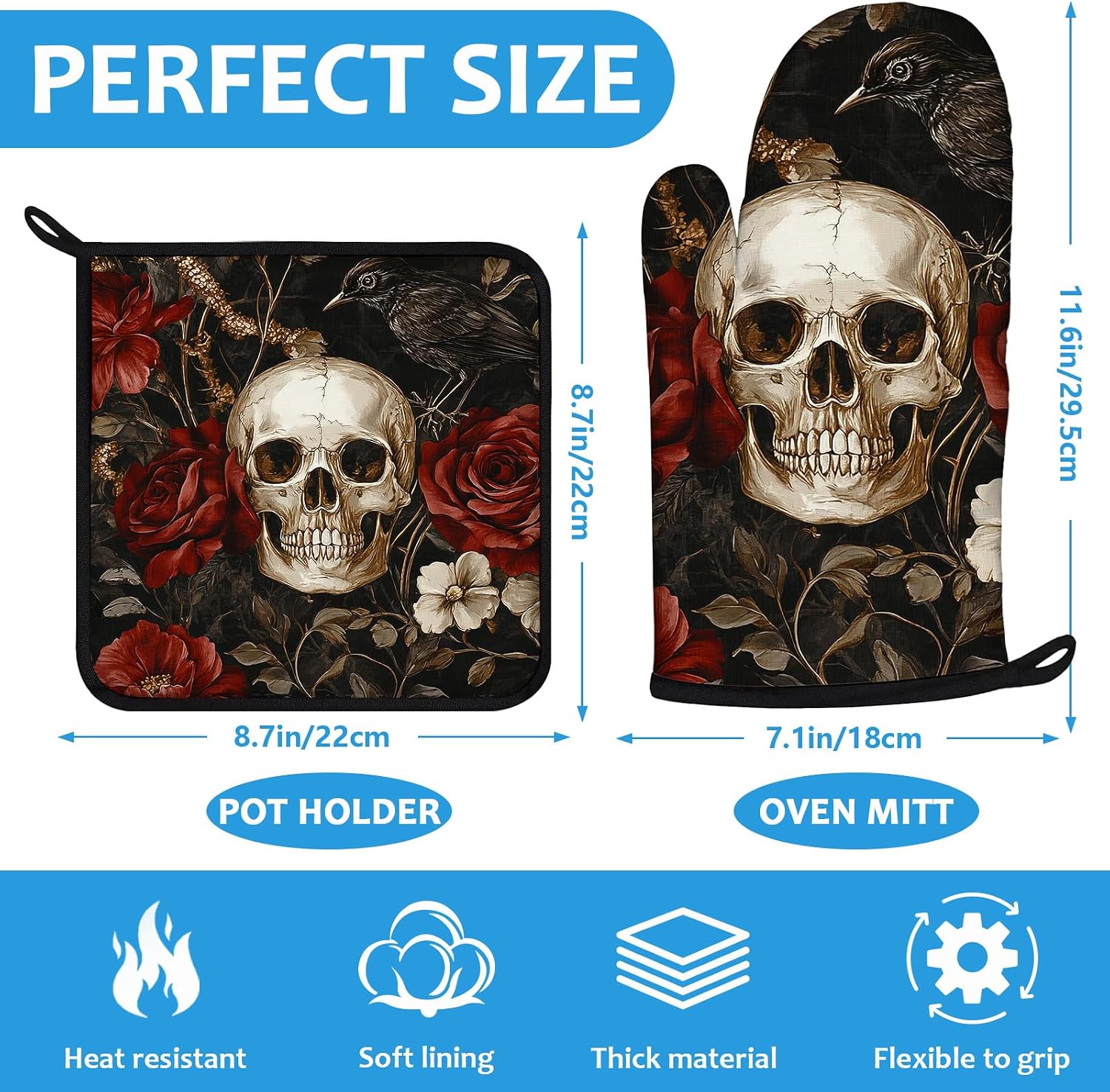 Halloween Skull Rose Crow Oven Mitts and Pot Holders Sets Heat Resistant 4Pcs Potholders Oven Gloves Hot Pads for Kitchen Baking Cooking Grilling BBQ image 2