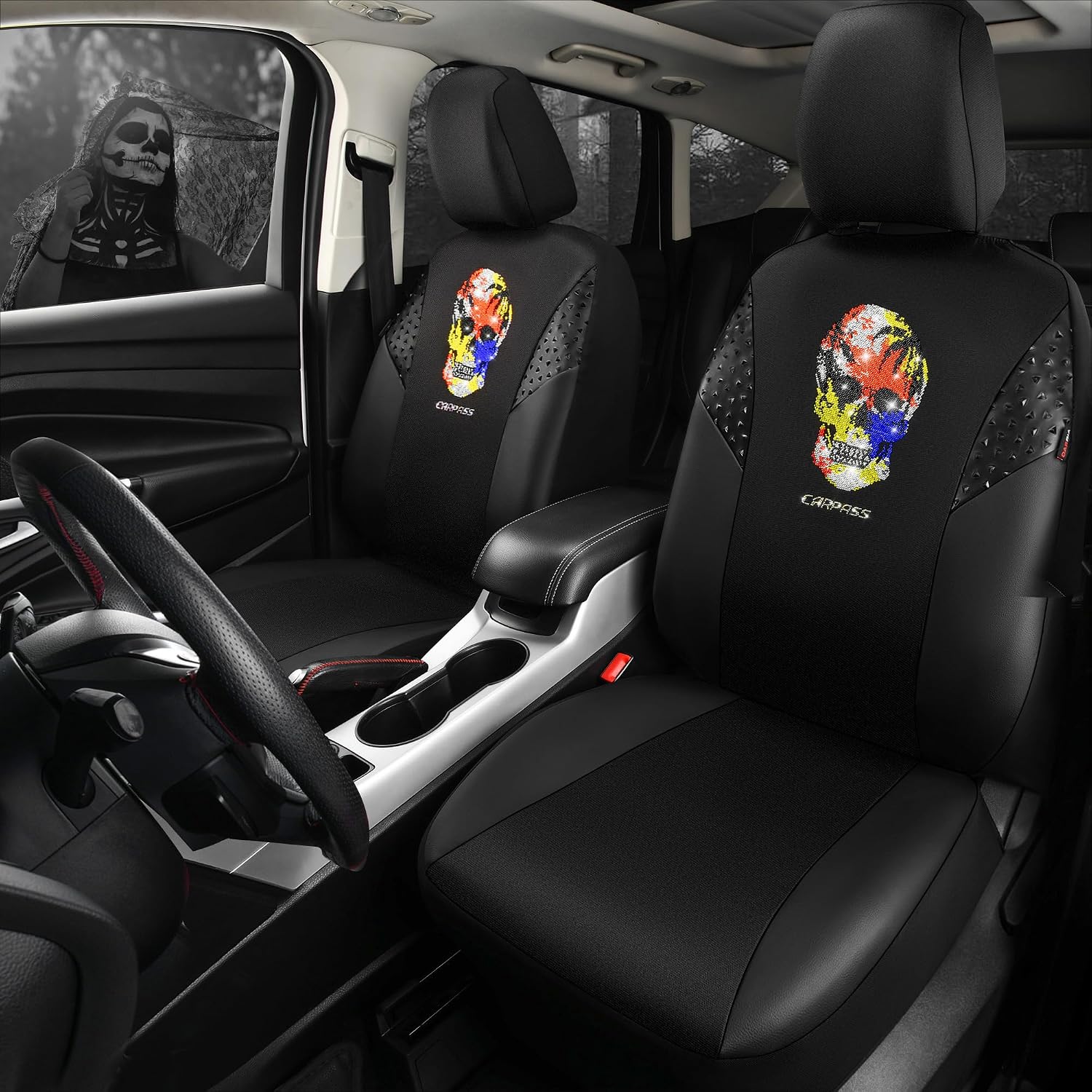 CAR PASS Leather Car Seat Cover Front Seats Sparkly Rhinestone Gaberdine Fabric Skull Skeleton Punk Glitter Crystal, Universal Fit for SUV, Van, Coupe, Trucks 2 Piece Black Multicolor Diamond