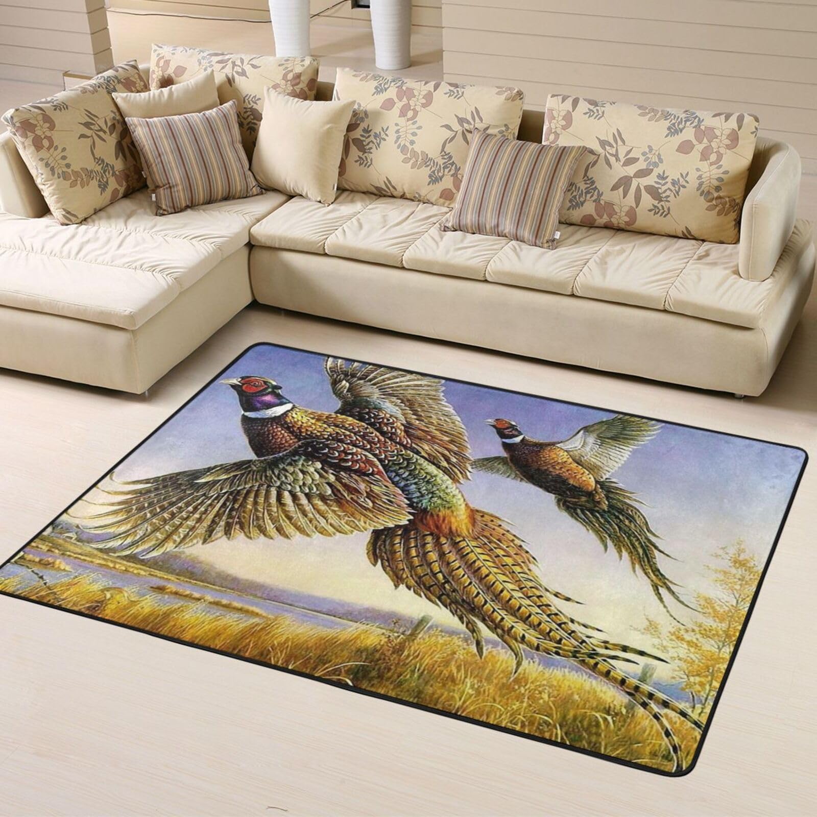Tapis de salon en mousse anti-glisse avec motif faisans pour sécuriser les sols glissants