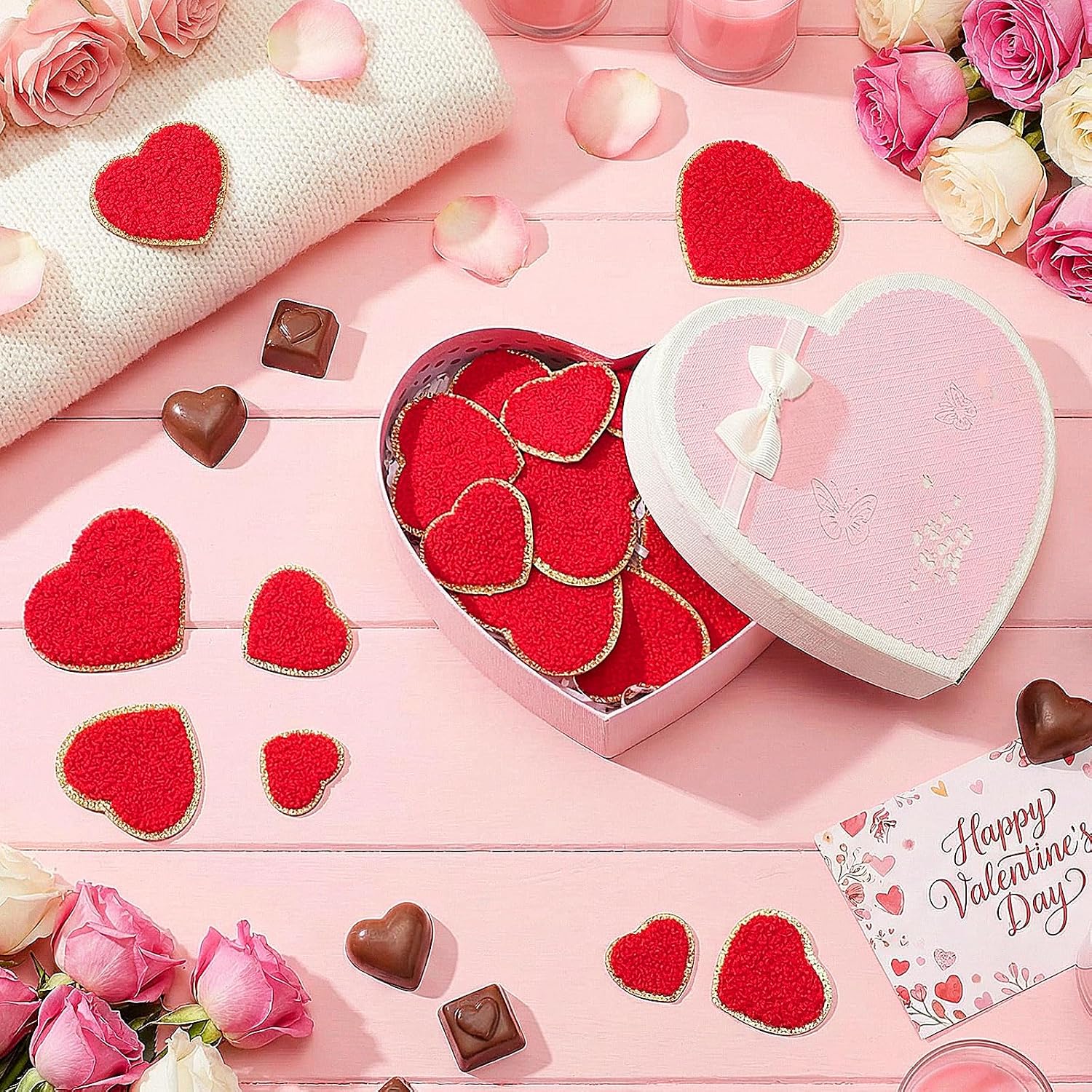 Norme 32 Pcs Self Adhesive Red Heart Chenille Patches 1.18-2.36 Inches Heart Iron on Patches Sew on Appliques for Clothes Hat Backpacks DIY Embroidered Decorations, 4 Size