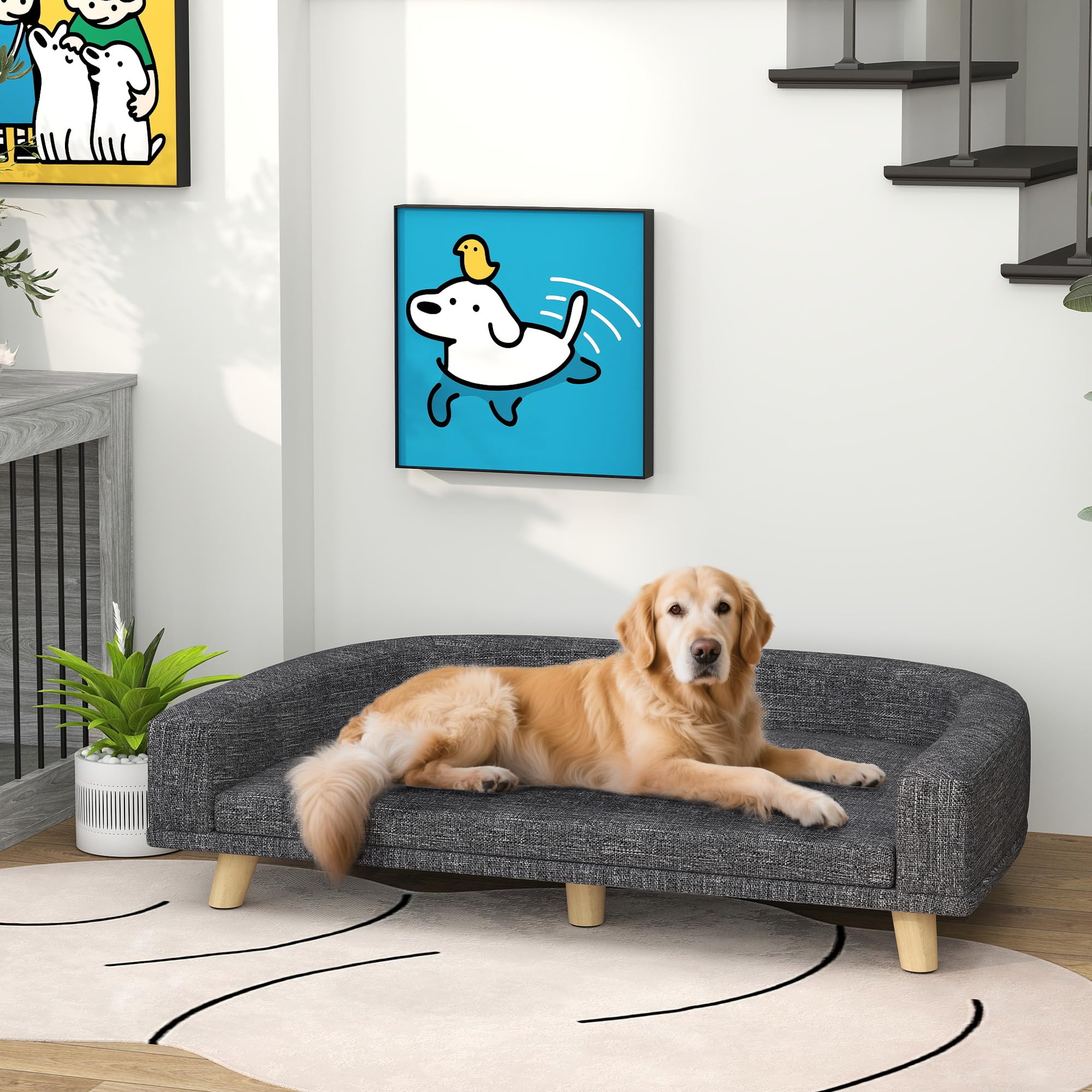 PawHut Sofá para Perros Grandes, 98x67x25 cm, Cama Elevada para Perros Tapizada con Cojín Lavable y Patas de Madera de Pino, Carga 40 kg, Gris Oscuro
