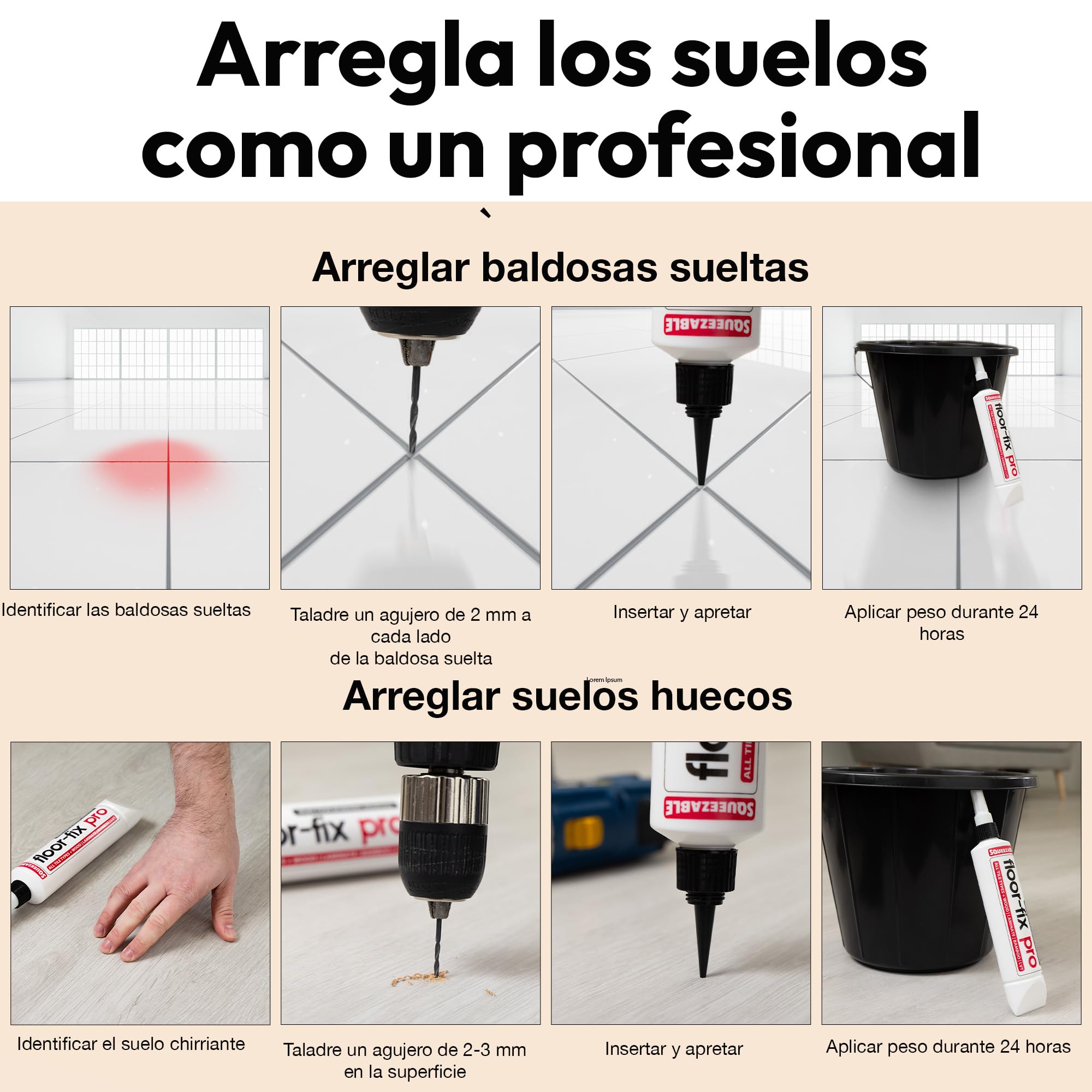 EASY SQUEEZE Kit de reparación todo en uno para baldosas sueltas y huecas, madera, LVT y laminado. Incluye tapa hermética.