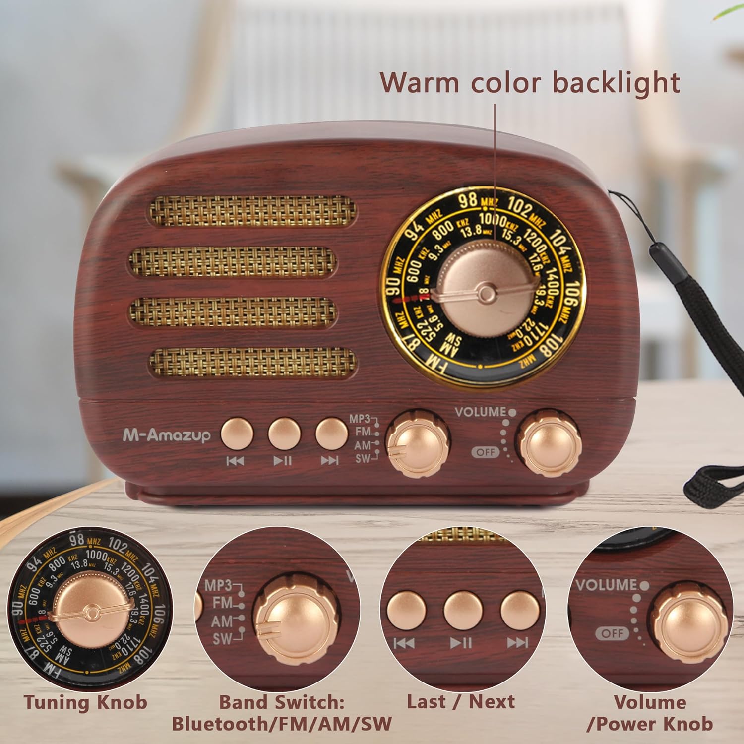 Close-up of M-Amazup radio dial with warm color backlight