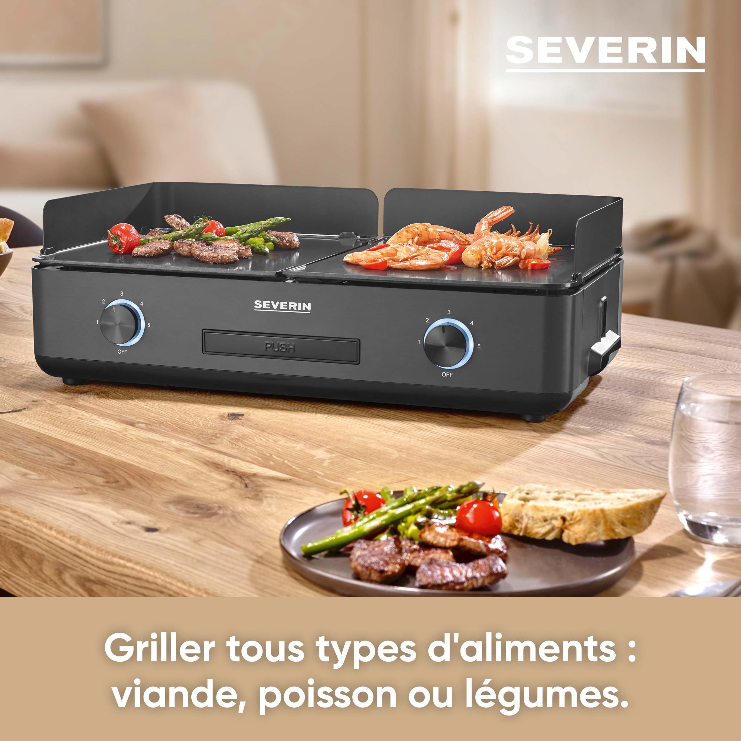 SEVERIN Plancha réglable jusqu'à 240°C, 2 200 W, Plaque de cuisson au revêtement céramique pour viandes, poissons & légumes, Gril électrique avec bac récupérateur de graisse amovible, Noir, PG 8569