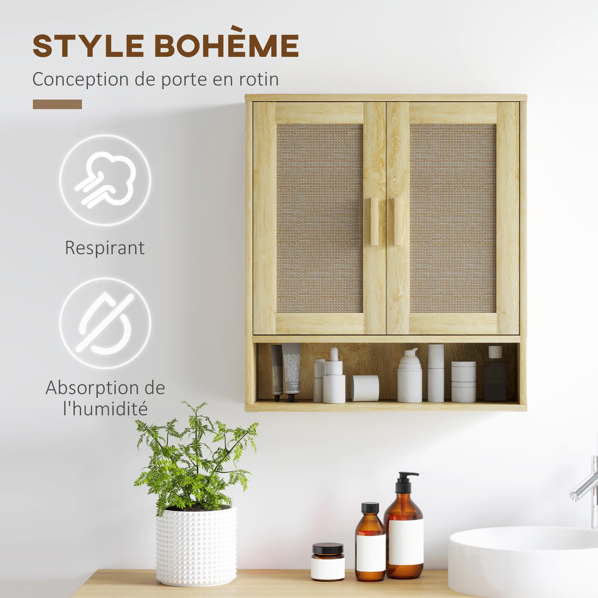 HOMCOM Meuble Mural Salle de Bain 59 x 20 x 66,5 cm Effet Bois de Chêne | Meuble WC Suspendu, Étagère Réglable, Double Porte, Étagère Ouverte