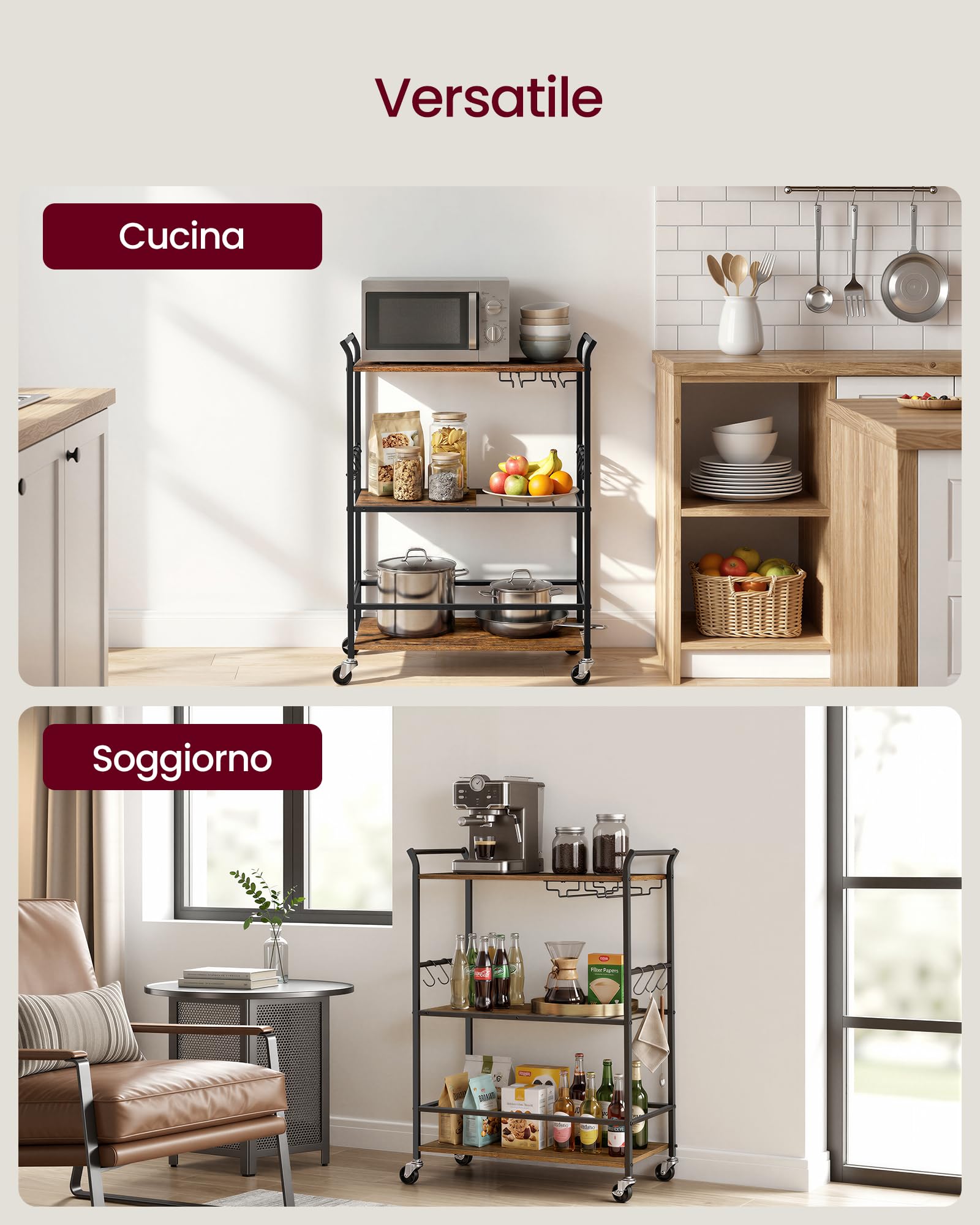 VASAGLE Carrello da Cucina a 3 Ripiani con Ruote, 64,5 x 32 x 85,5 cm | Carrello Bar in Acciaio e Truciolato, Portabottiglie e Porta Calici, Vintage e Nero Opaco, Collezione BARNET LRC200K101