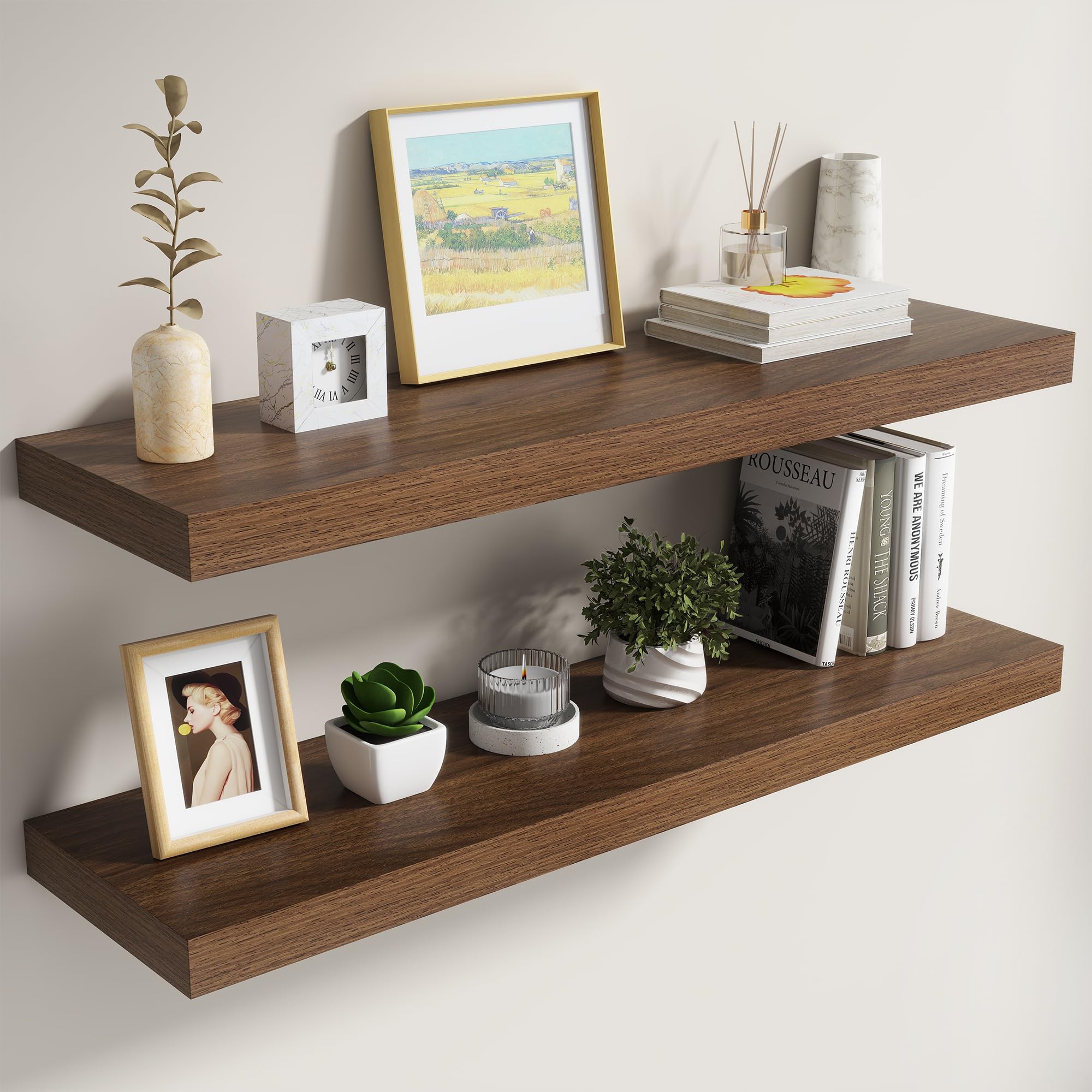 Dreamland 40 Inch Floating Shelves for Wall,8 Inch Deep Floating Shelves,40" W x 8" D Wall Shelves for Bedroom,Living Room, Kitchen,Bathroom,Walnut,Set of 2
