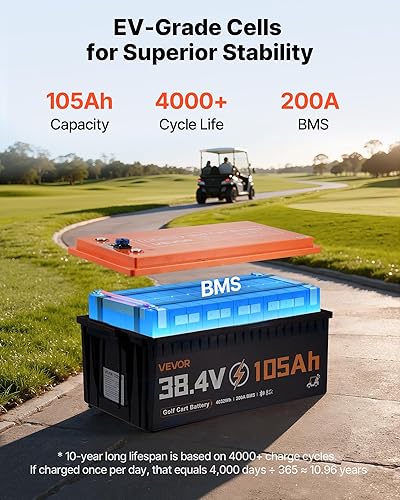 Miniatura 3 de VEVOR Batería de litio para carrito de golf de 36 V (38.4 V) 105 AH, con cargador de 25 A, kit de batería Lifepo4, BMS de 200 A integrado, con