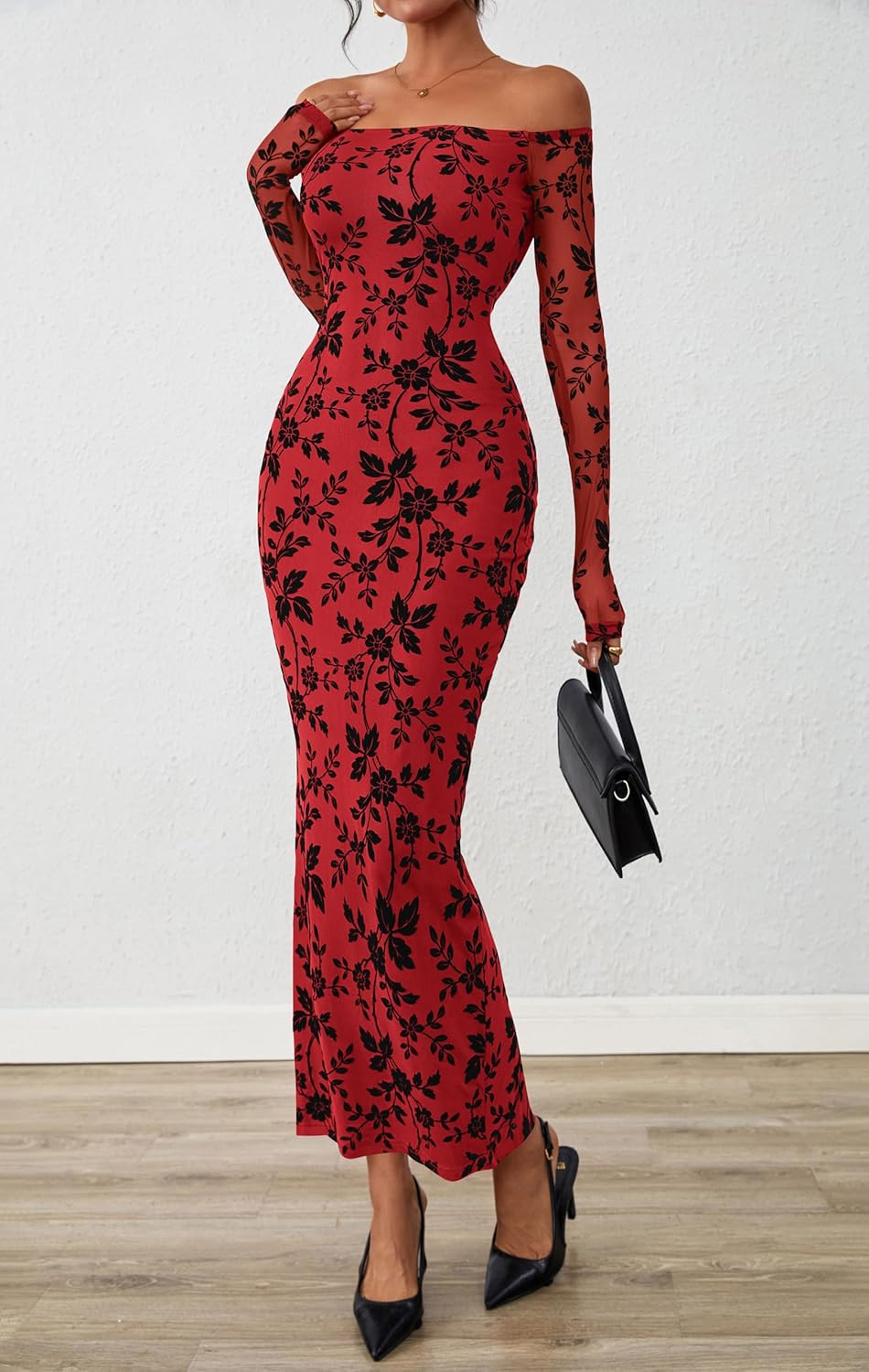 PRETTYGARDEN Womens Off The Shoulder Floral Maxi Bodycon Dress Fall Long Sleeve Mesh Fitted Long Formal Wedding Guest Dresses - Image 4