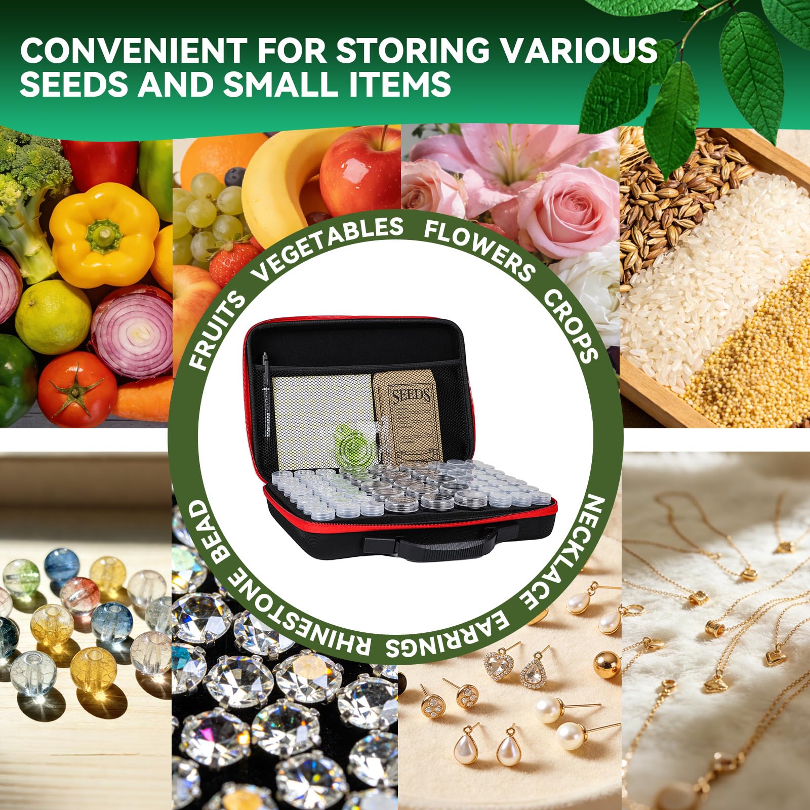 efuturetime 57 Ranuras Caja de Almacenamiento de Semillas, Organizador de Semillas con Cremallera, Pegatinas y Embudo para Semillas Plantas Flores, Cajas de Accesorios para Pintura Diamantes Joyas
