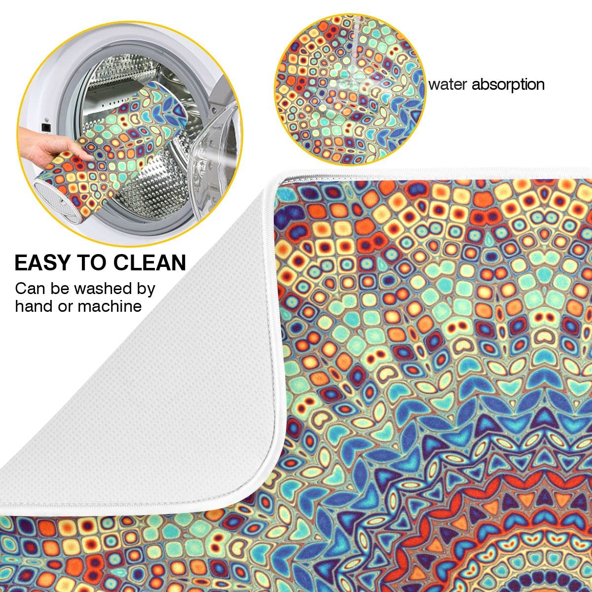 Bohemian Mandala Dish Drying Mat for Kitchen Counter Boho Ethnic Drying Mat 16 x 18 Inch with High Absorbent Reversible Microfiber Dish Drying Pad Dish Rack Pad Drainer Mat for Coffee Bar