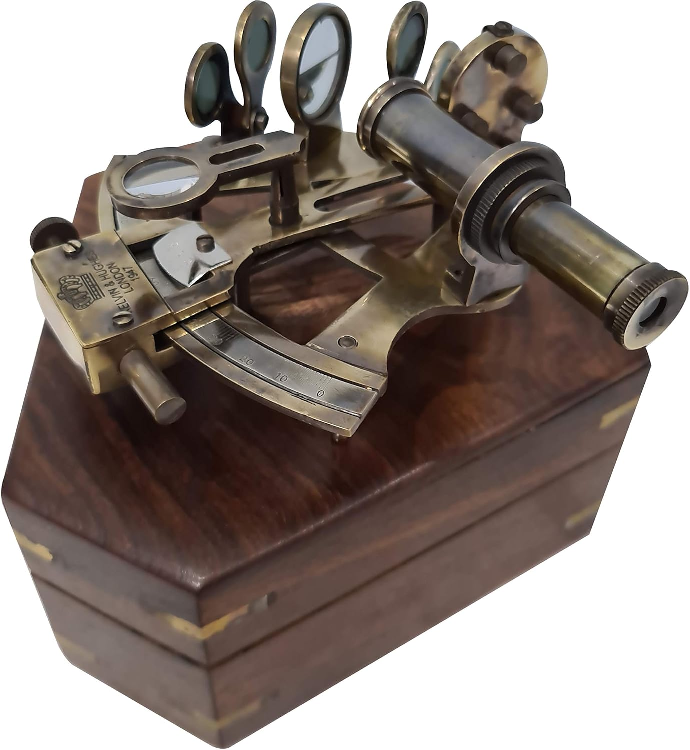 Marine Nautical Antique Brass Sextant Kelvin & Hughes Navigation Instrument with Hardwood Anchor Box Boat Ship Interior