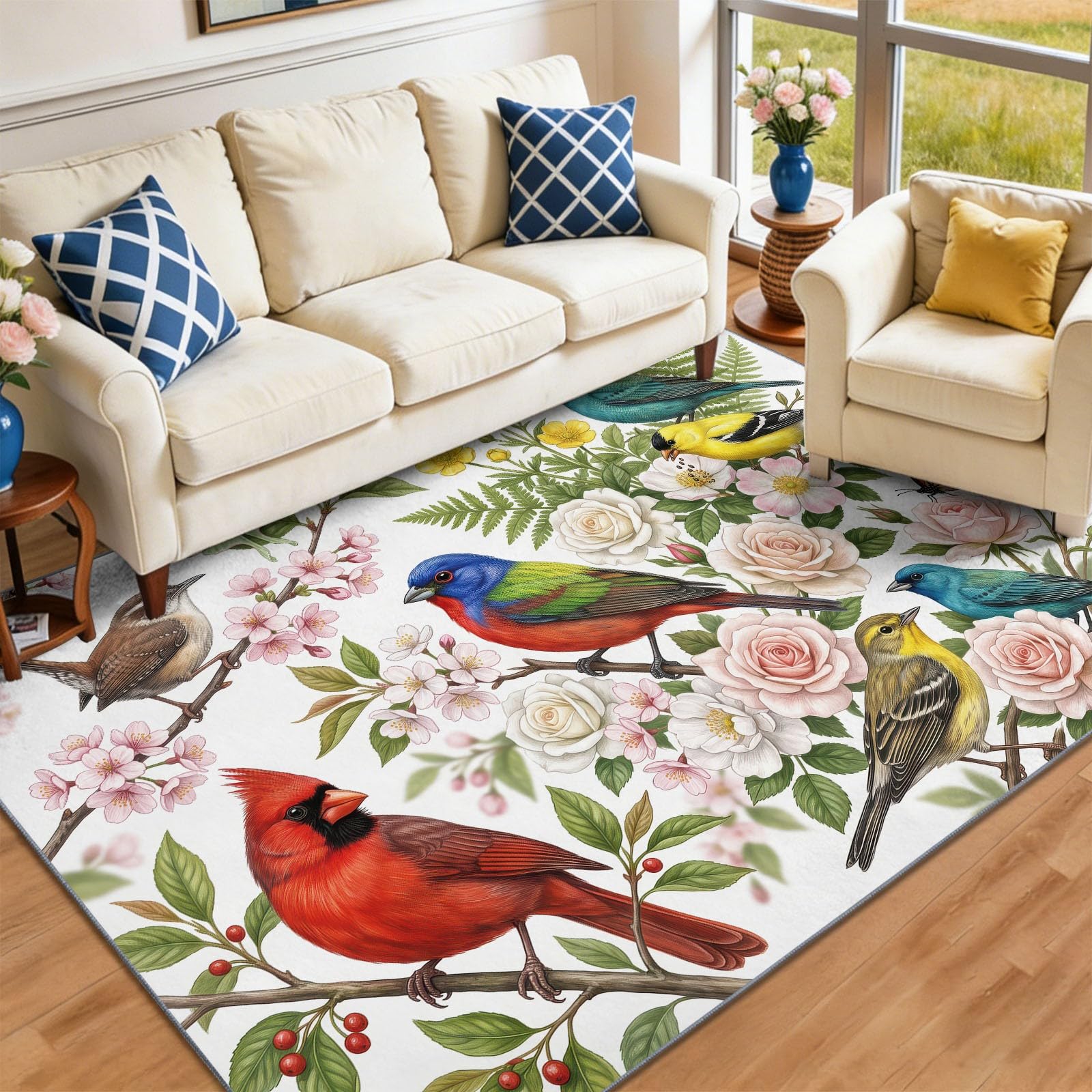 Paysage Naturel Interieur Tapis 120 x 170 cm Rouge Vert Poil Ras, AntidéRapant Tapis | Tapis Salon, Chambre Tapis,Descente de Lit, Salle a Manger, Bureau | Cardinal Bruant Végétation Bouquet De Fleurs