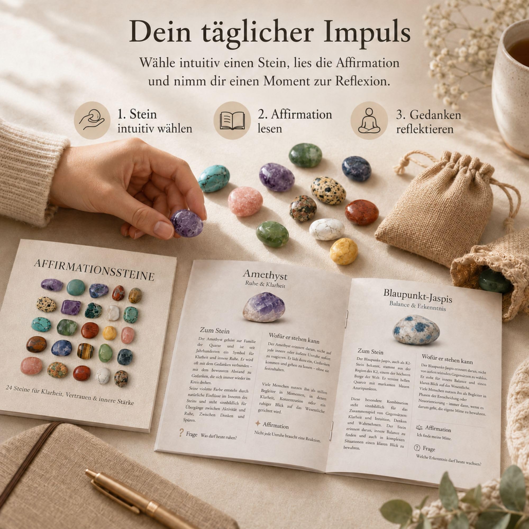 Milaboo Affirmationssteine Set – 24 Edelsteine mit Bedeutung & Karten – Geschenkset im Jutebeutel – Achtsamkeit, Motivation, innere Stärke – Geschenk für unterschiedliche Anlässe (24er Set 1)
