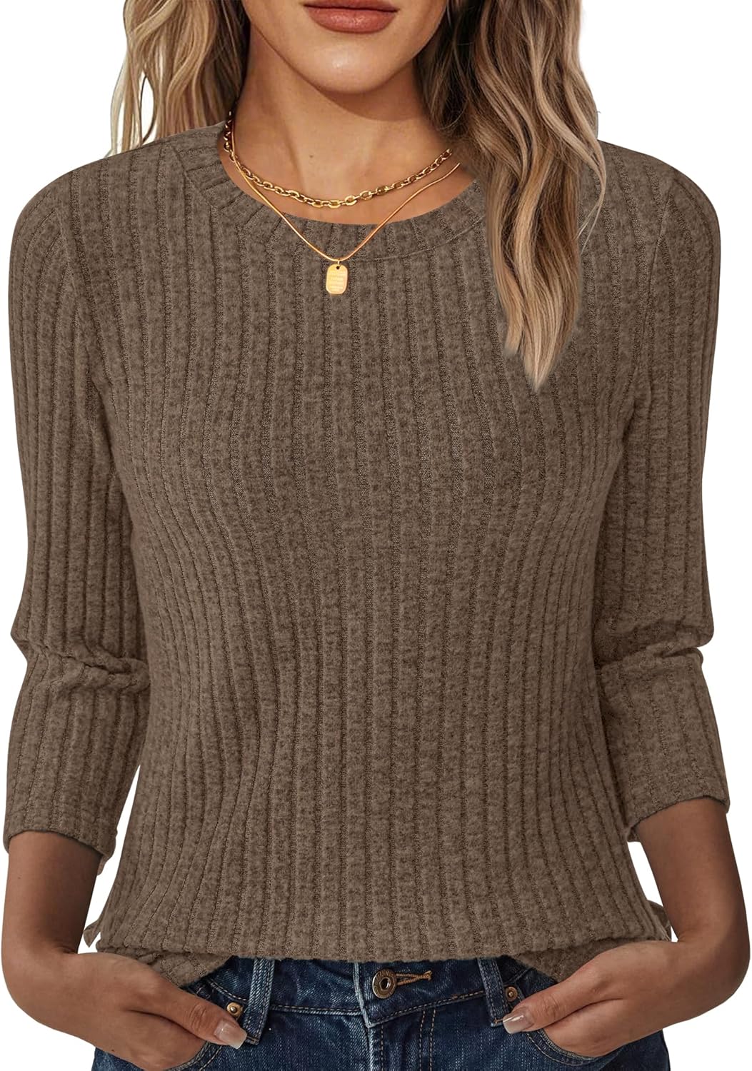 NORACORA Womens 3/4 Sleeve Sweater Tops Round Neck Tunic Blouses Dressy Pullover T Shirts for Business Casual Work