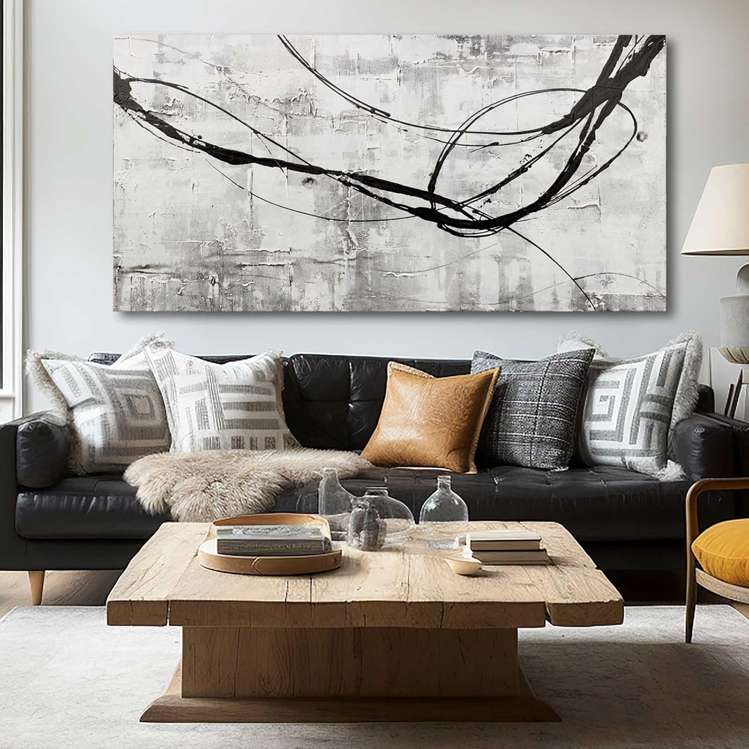 XIANSHOU Maximalist Decor Black and White Wall Decor Grey Modern Wall Art Pictures for Office Wall Decorations 24"x 48" Big Painting Artwork Bedroom Living Room Hotel