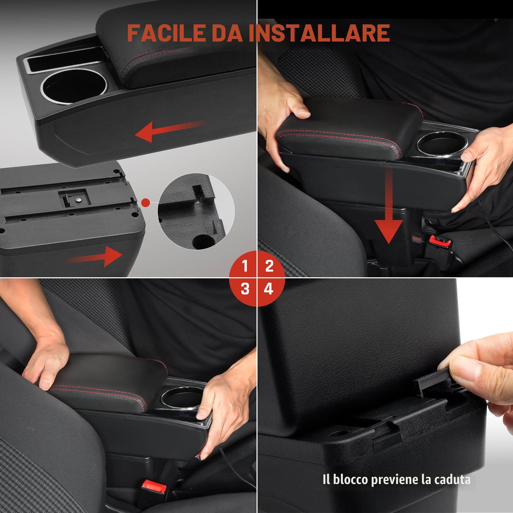 Bracciolo per Auto per Nissan Micra K13 2010-2022 Console Centrale Dell'auto Doppio Strato di Spazio con Portabicchieri Facile da Montare Pelle Confortevole e Resistente Nero (Linea Rossa) | Due ripiani, con portabicchieri, facile da montare, in pelle PU,