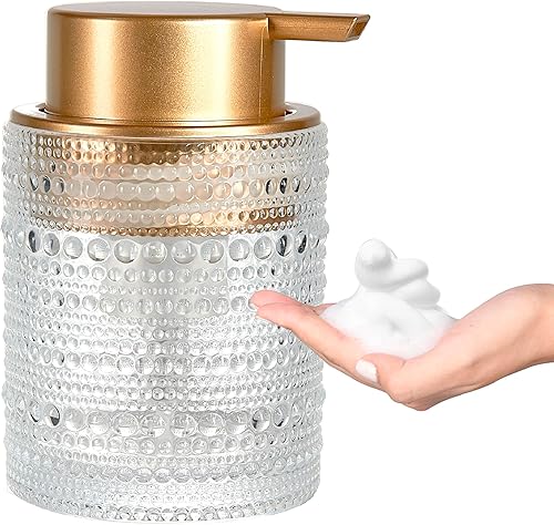 Miniatura 8 de Dispensador de jabón de vidrio de 12 onzas con bomba dorada, botellas de jabón líquido de manos recargables transparentes para baño, lindo
