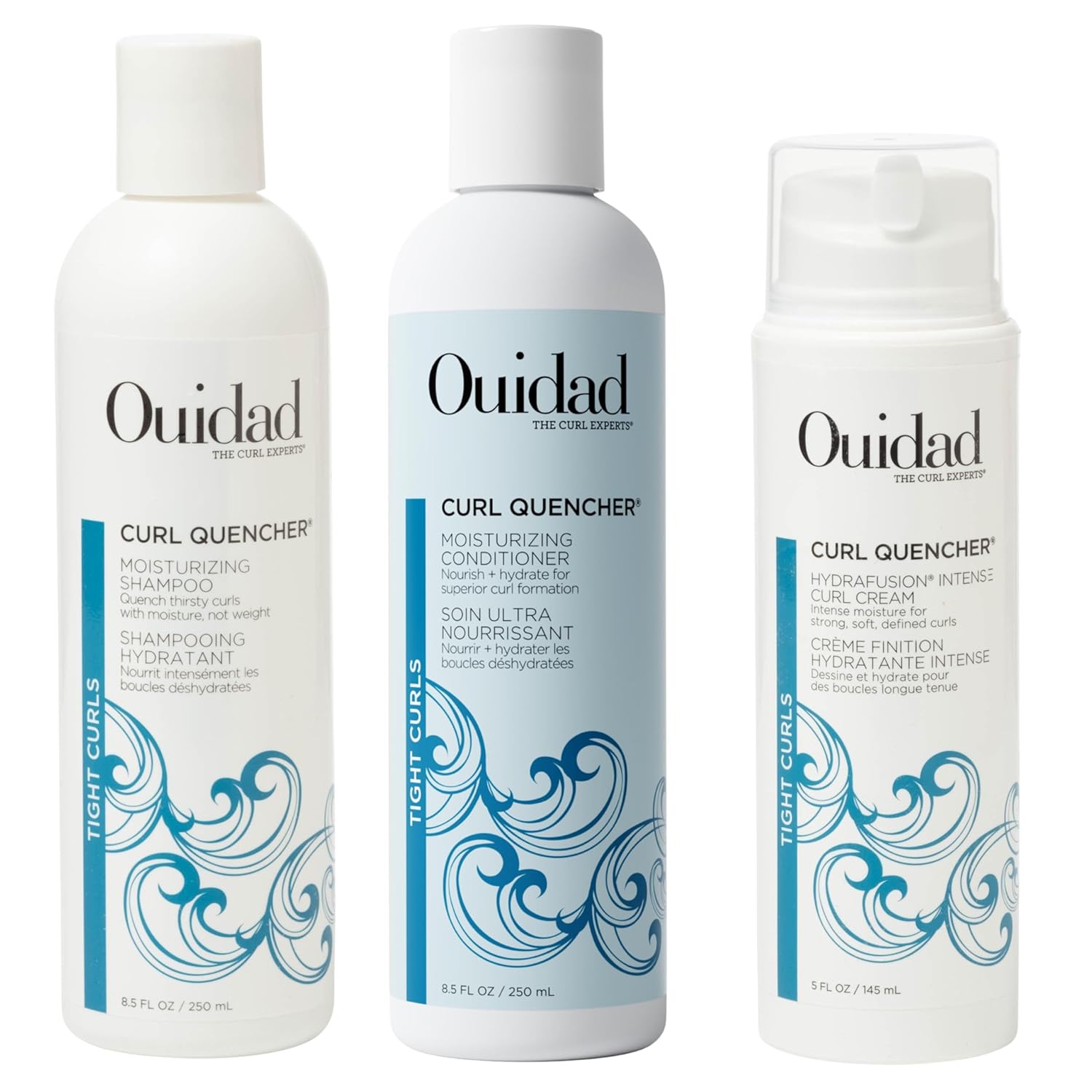 Ouidad Curl Quencher Moisturizing Shampoo, Conditioner & Curl Cream Bundle – 8.5 fl oz Each, Nourishing, Hydrating, Vegan, Color-Safe, Chamomile & Vitamin A & E, Frizz Control, For Tight Curls