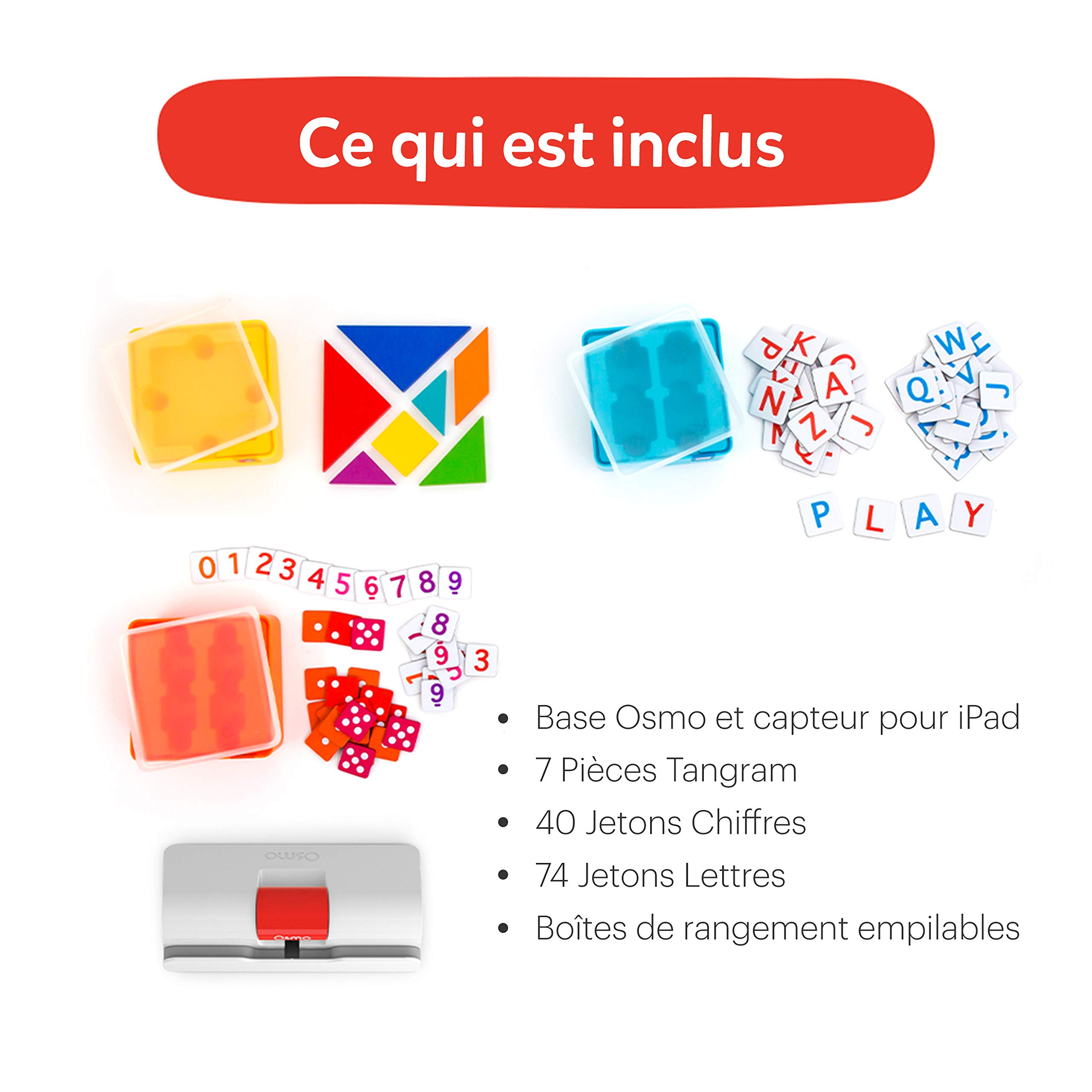 Osmo -Coffret complet Genius pour iPad -Genius Starter Kit -Âges 6-10ans -5 jeux d'apprentissage interactifs : maths, orthographe, art, physique,créativité et plus encore(base Osmo pour iPad incluse)