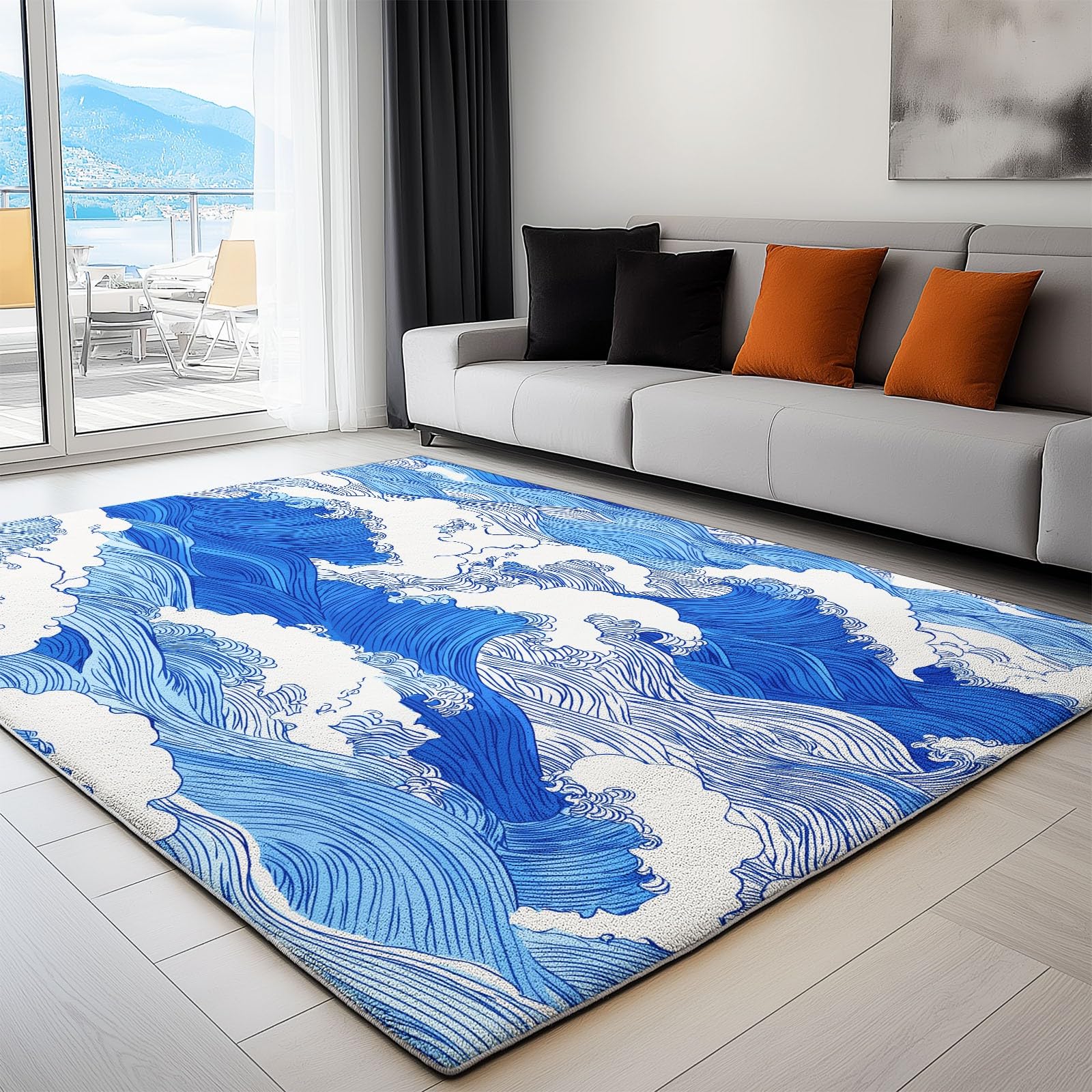 Generico Dywan można prać w pralce do salonu Dywany 160 x 230 cm Hokusai Fale linie Sztuka, puszyste antypoślizgowe miękkie niskie runo, do przedpokoju sypialni i kuchni niebieski