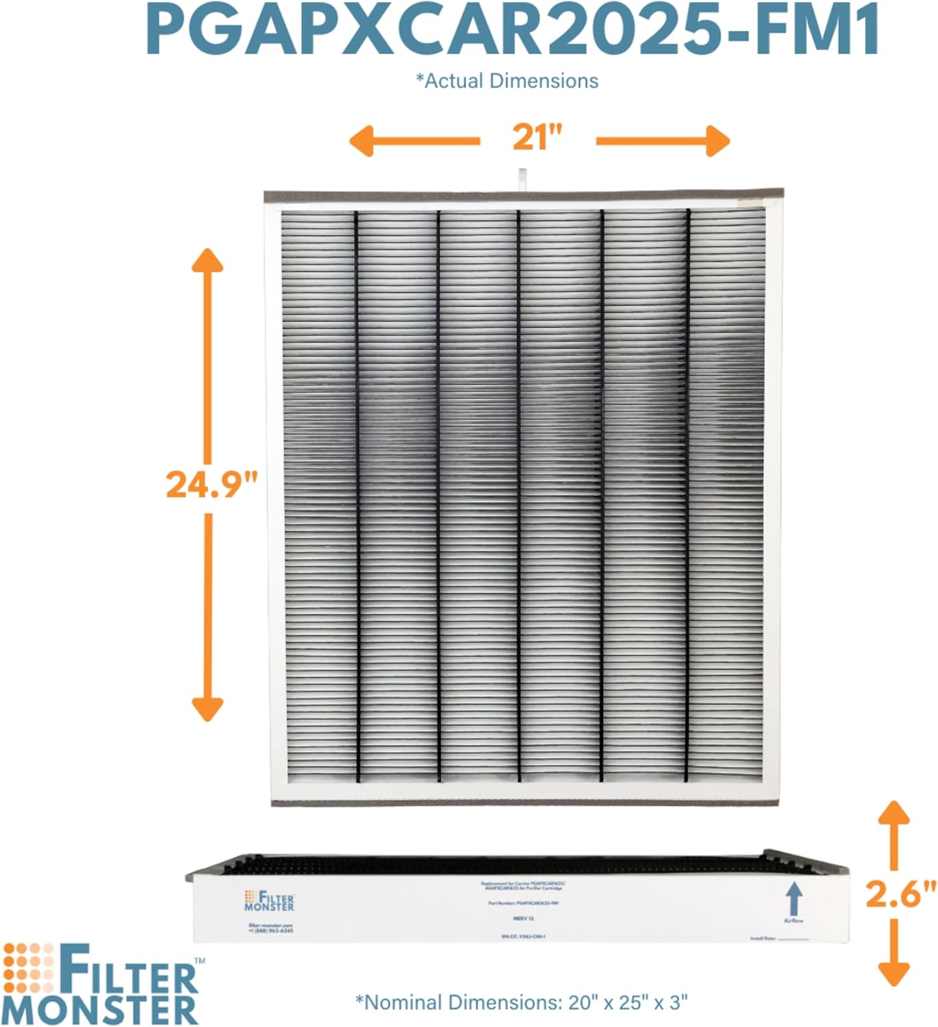 Filter-Monster Replacement for Carrier Performance series PGAPXCAR2025 AGAPXCAR2025 and Carrier Evolution 20" x 25" x 3"
