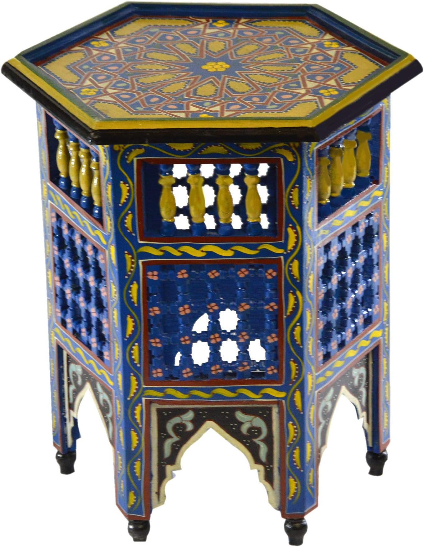 Moroccan Handmade Wood Table Side Moucharabi Delicate Hand Painted Blue Exquisite