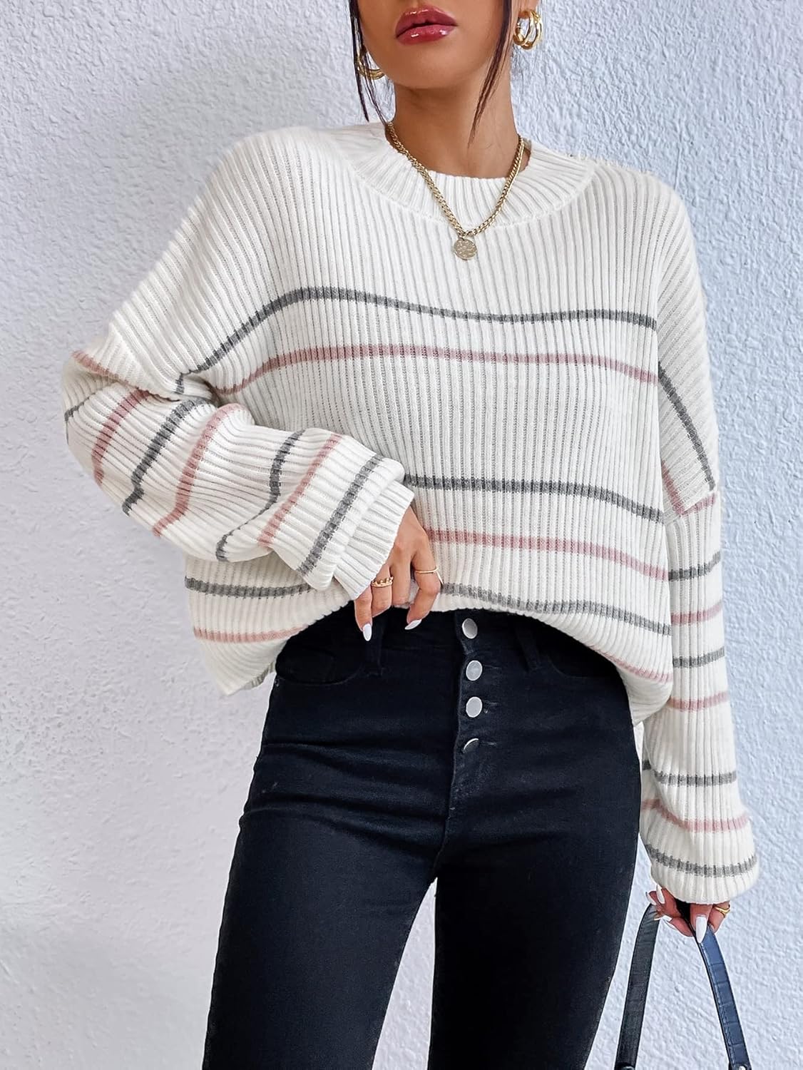 Women's Sweater Striped Pattern Drop Shoulder Sweater Sweater for Women (Color : Beige, Size : Medium)