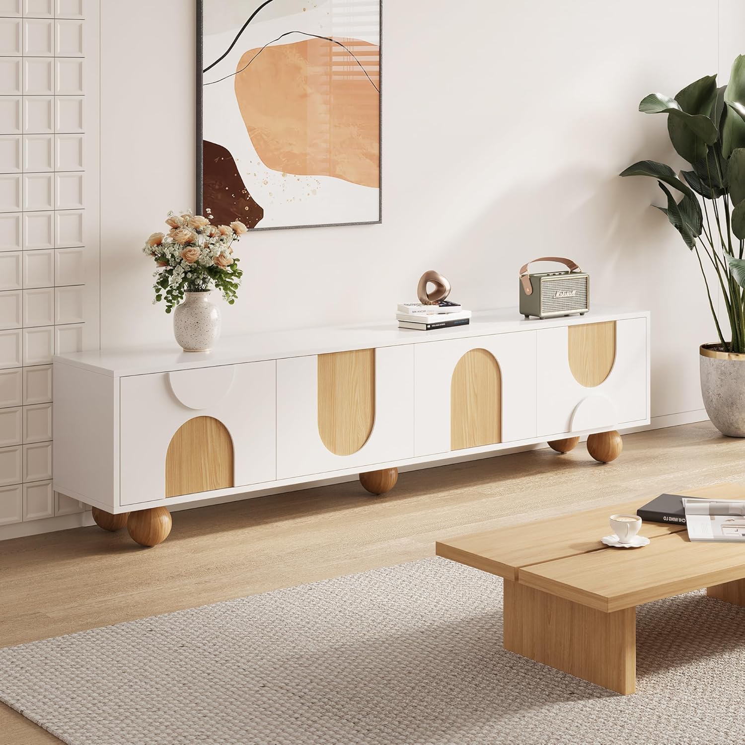 79" Modern Entertainment Center with Storage, White TV Stand for Living Room Bedroom with Cute Ball Solid Wood Legs, Wooden Media Console TV Cabinet for Home Office