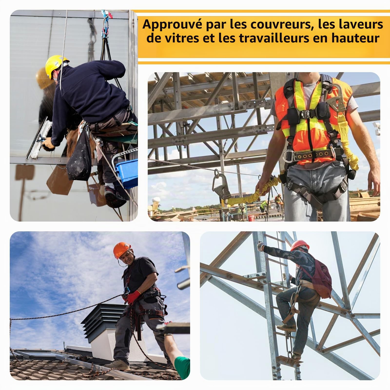 Harnais de sécurité antichute avec double longe et crochets, harnais anti chute intégral réglable pour homme, travaux en hauteur, escalade, toiture, extérieur, charge 100 kg, conforme EN 361/354/355