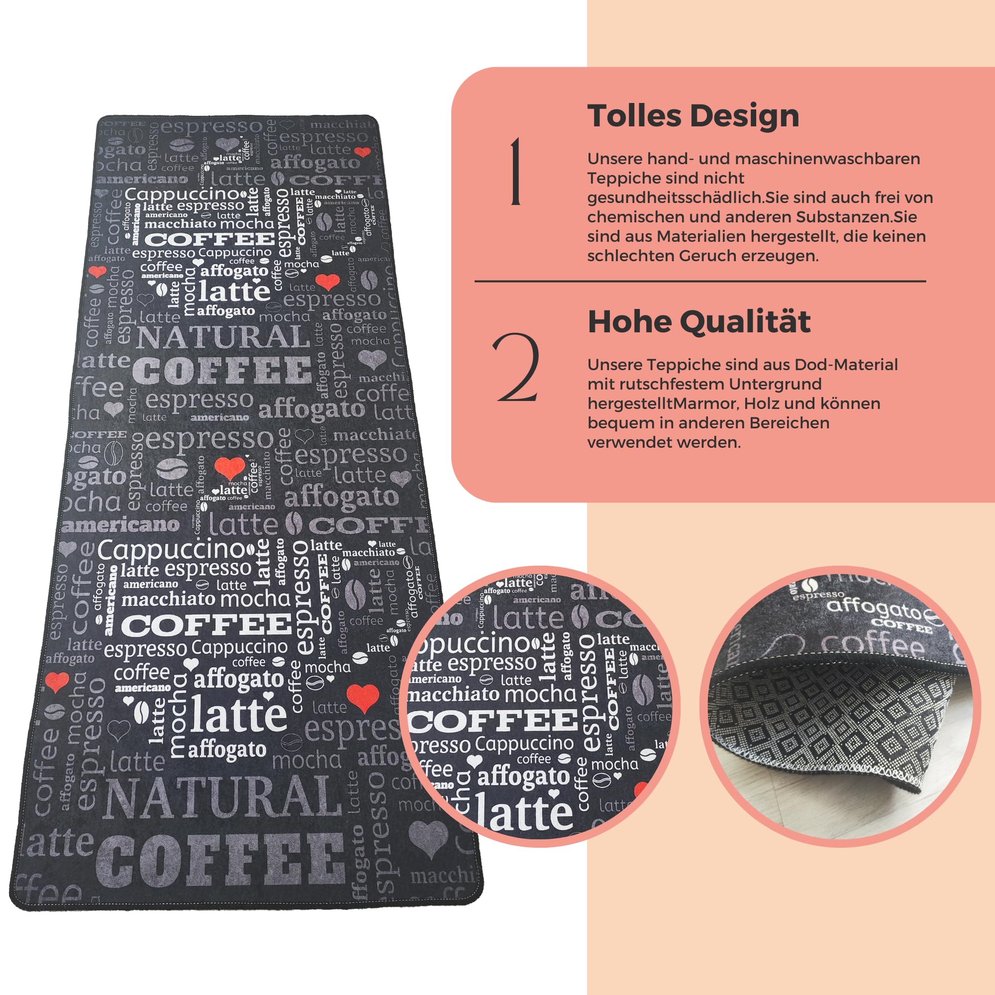 Teppich Moderner Küchenteppich Gel Läufer Küchenläufer Grau Weiß Schwarz mit rutschfestem Bodenmuster mit Schriftzug Coffee Macchiato (Schwarz, 100 x 200 cm)
