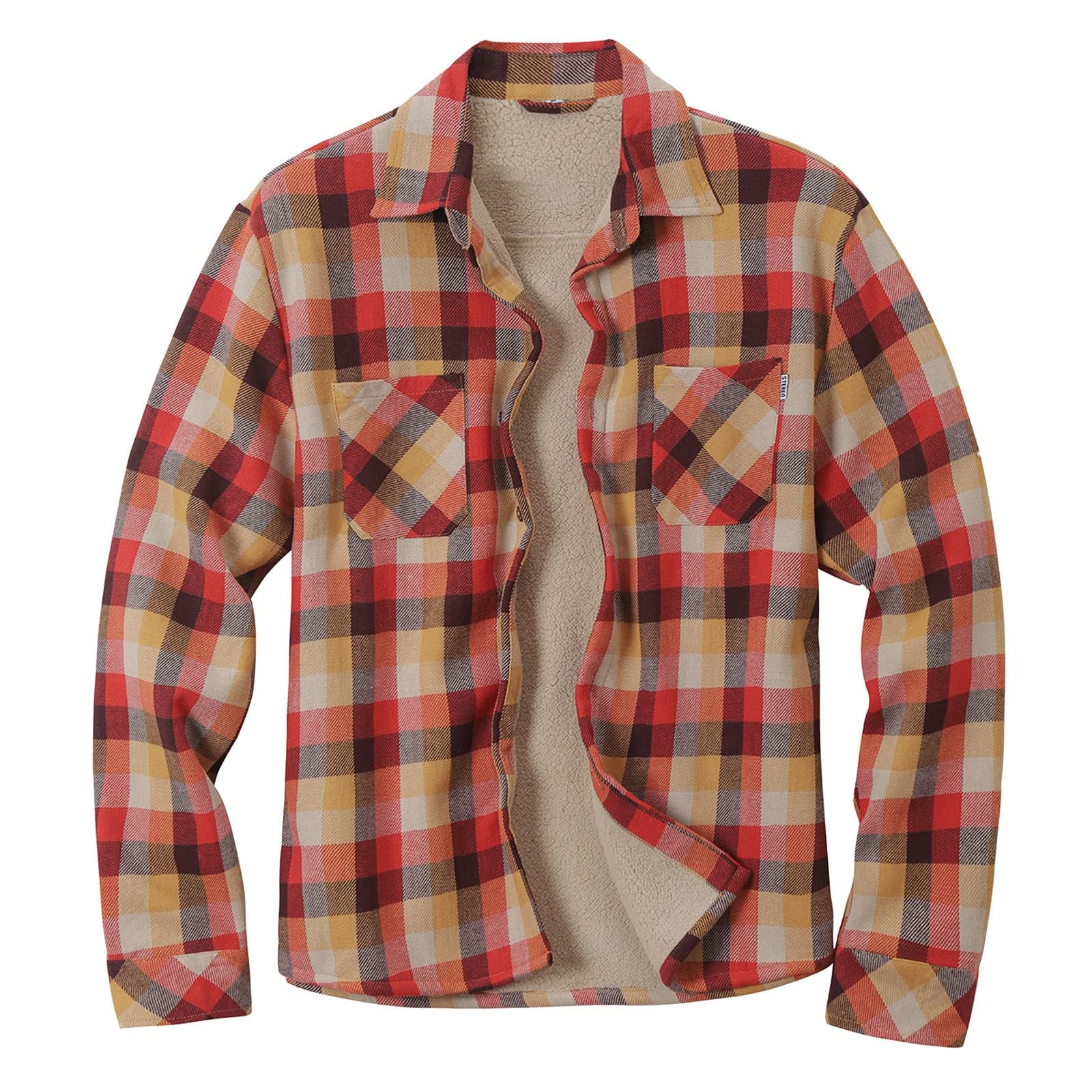 Hulkay Men's Khaki Long Sleeve Sherpa Fleece Flannel Shirts Button Down Berber Lined Shackets Warm Camp Shirts Plaid Jackets(,Xxl)