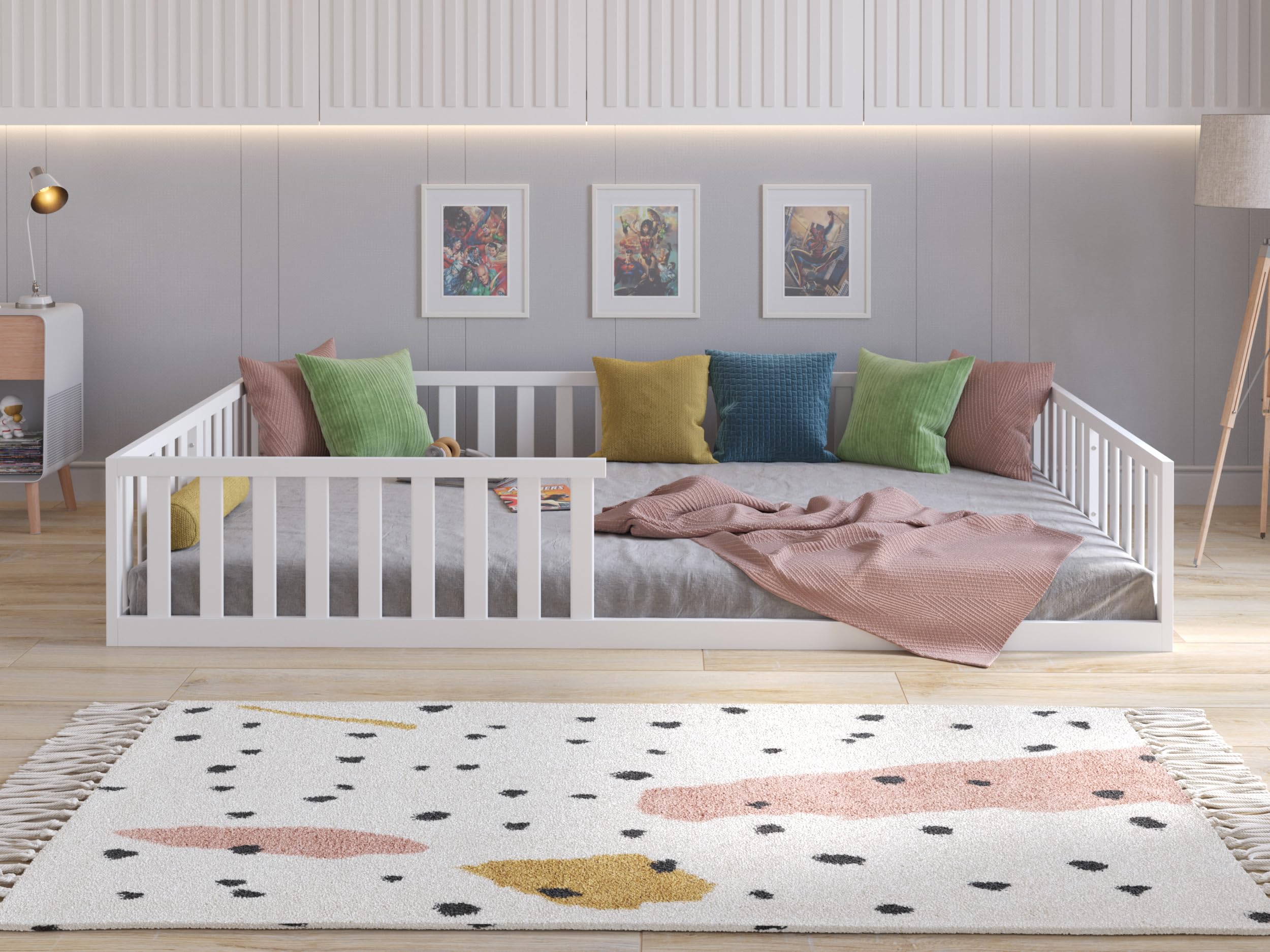 Love For Sleep Letto a pavimento bambini Bianco120x200cm Letto Montessori Costruzione Adatta ai Bambini, in legno, basso per bambini con doghe di legno