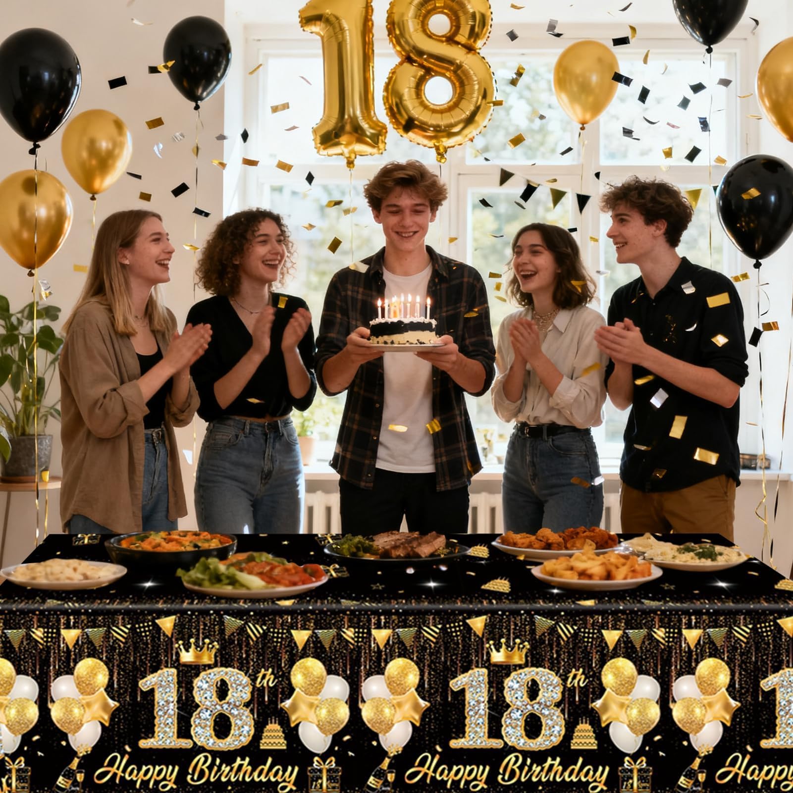 Tovaglia di Compleanno Oro Nero, 200x130cm, Tovaglia Happy 18th Birthday, Auguri di Compleanno 18. Tovaglia, Decorazione 18. Compleanno, Decorazione da Tavolo per Festa di Compleanno per Ragazze e