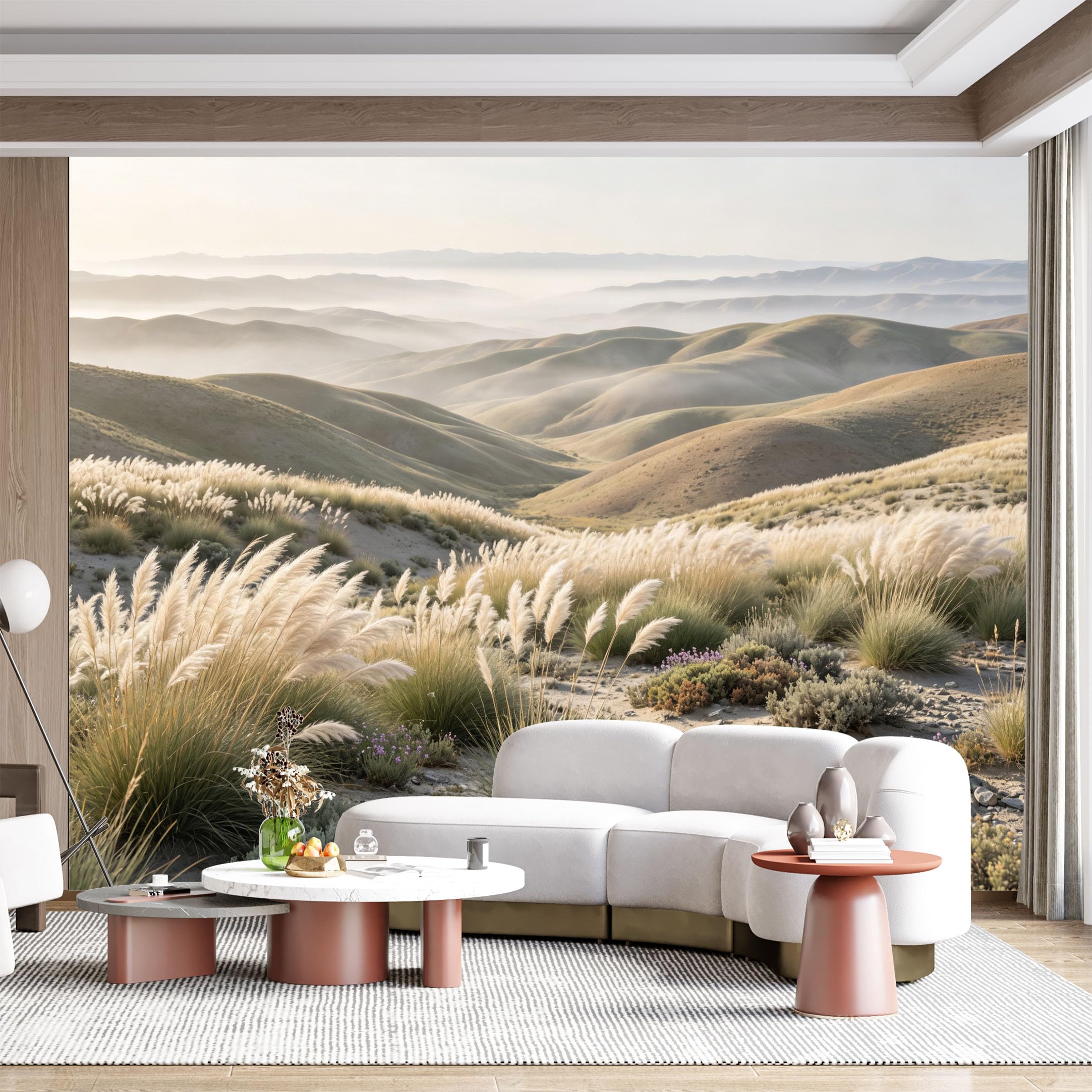 Custom Size Wall Mural Rolling Hills Pampas Grass Soft Light Landscape Seascape Pastoral Watercolor SelfAdhesive Wall Fabric Removable for Home Office Decor