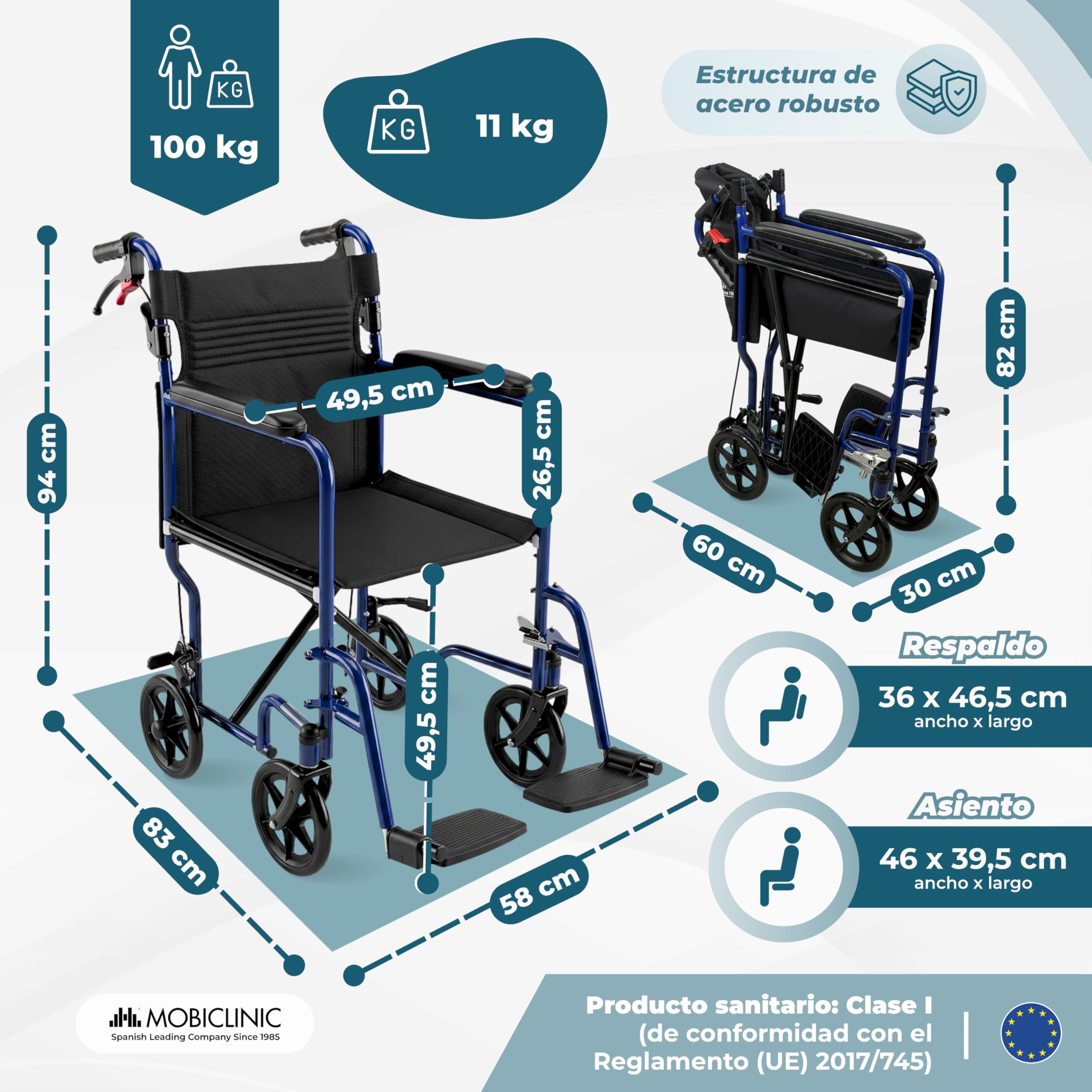 Mobiclinic®, Silla de Ruedas Plegable, de Tránsito, Respaldo Abatible, Reposapiés Extraíbles, Doble Sistema de Frenado, Reposabrazos Acolchados, Acero, Ligera y Compacta, Napoli